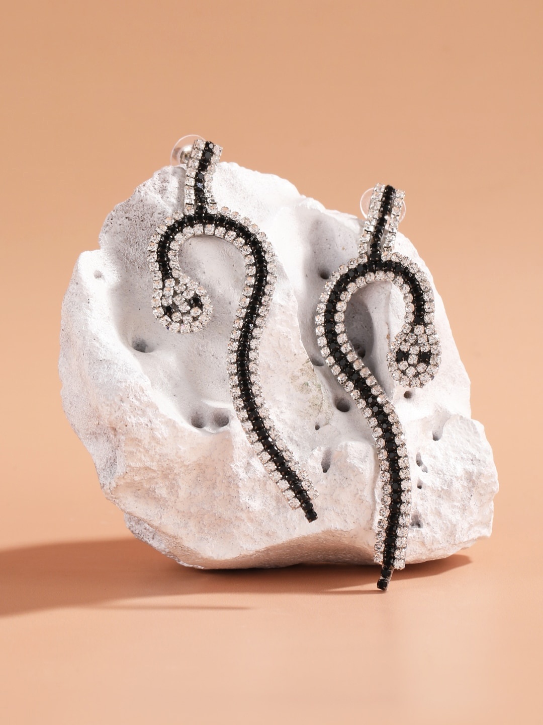 

DressBerry Black Silver-Plated Rhinestone Contemporary Drop Earrings