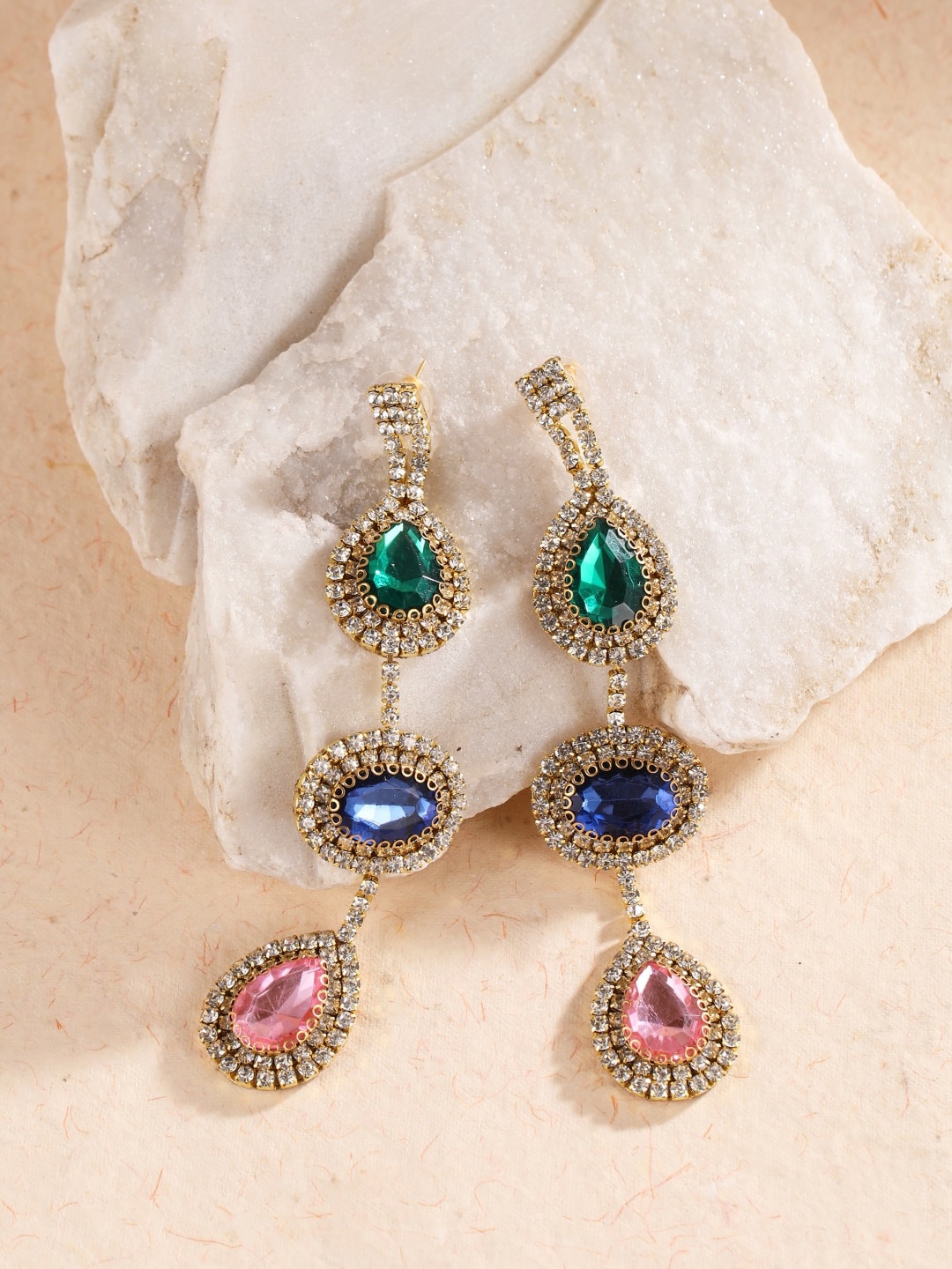 

DressBerry Gold-Plated Teardrop Shaped Rhinestone Studded Drop Earrings
