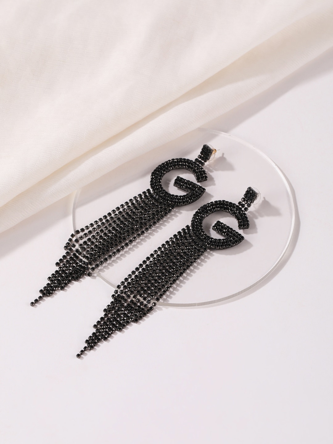 

DressBerry Black Silver-Plated Rhinestone Quirky Drop Earrings