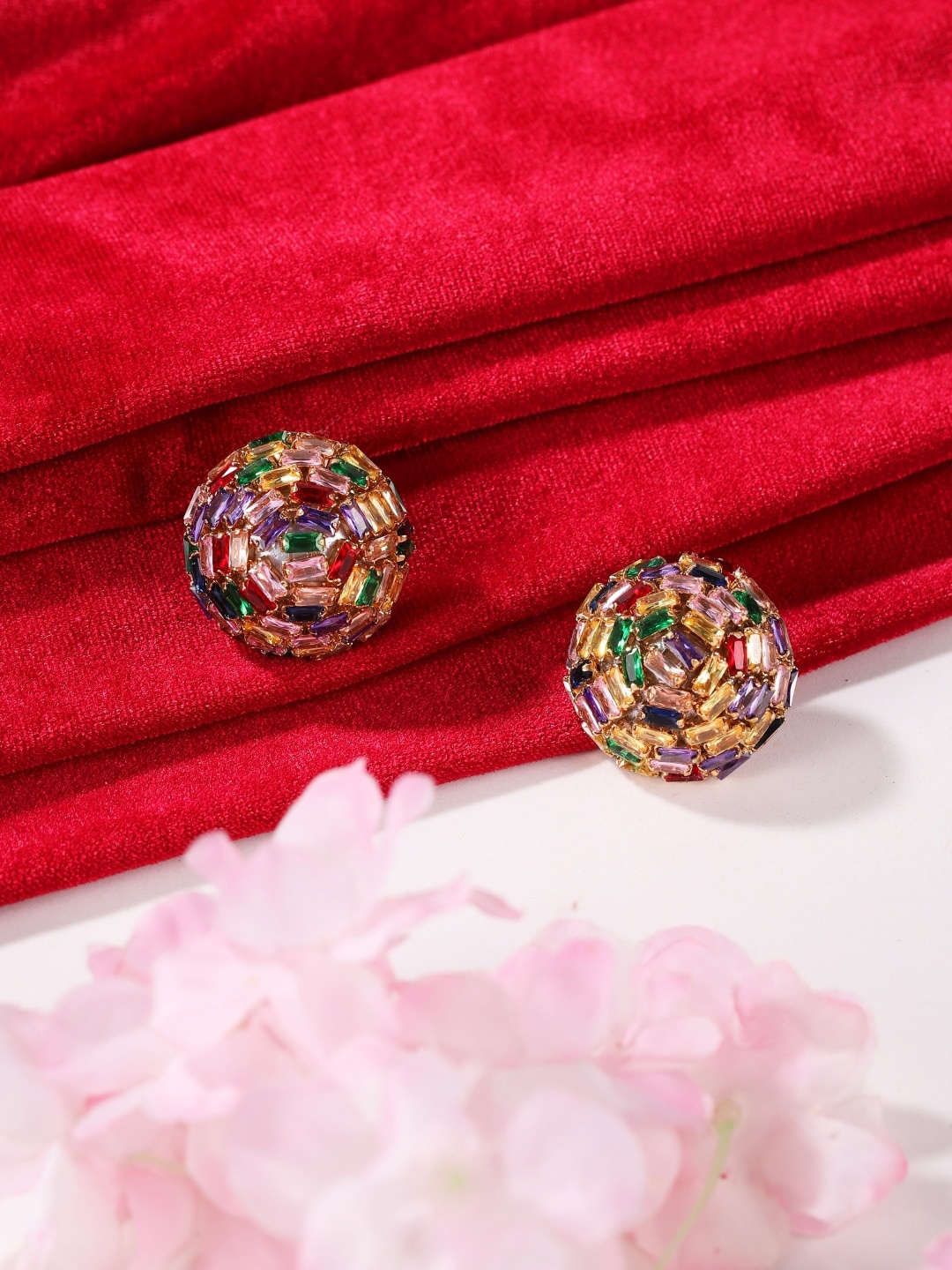 

DressBerry Green Gold-Plated Rhinestone Contemporary Studs Earrings