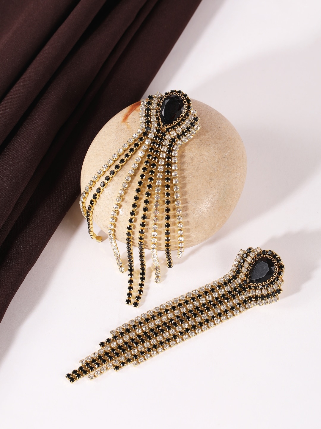 

DressBerry Gold-Plated Rhinestone Studded Contemporary Tasselled Drop Earrings