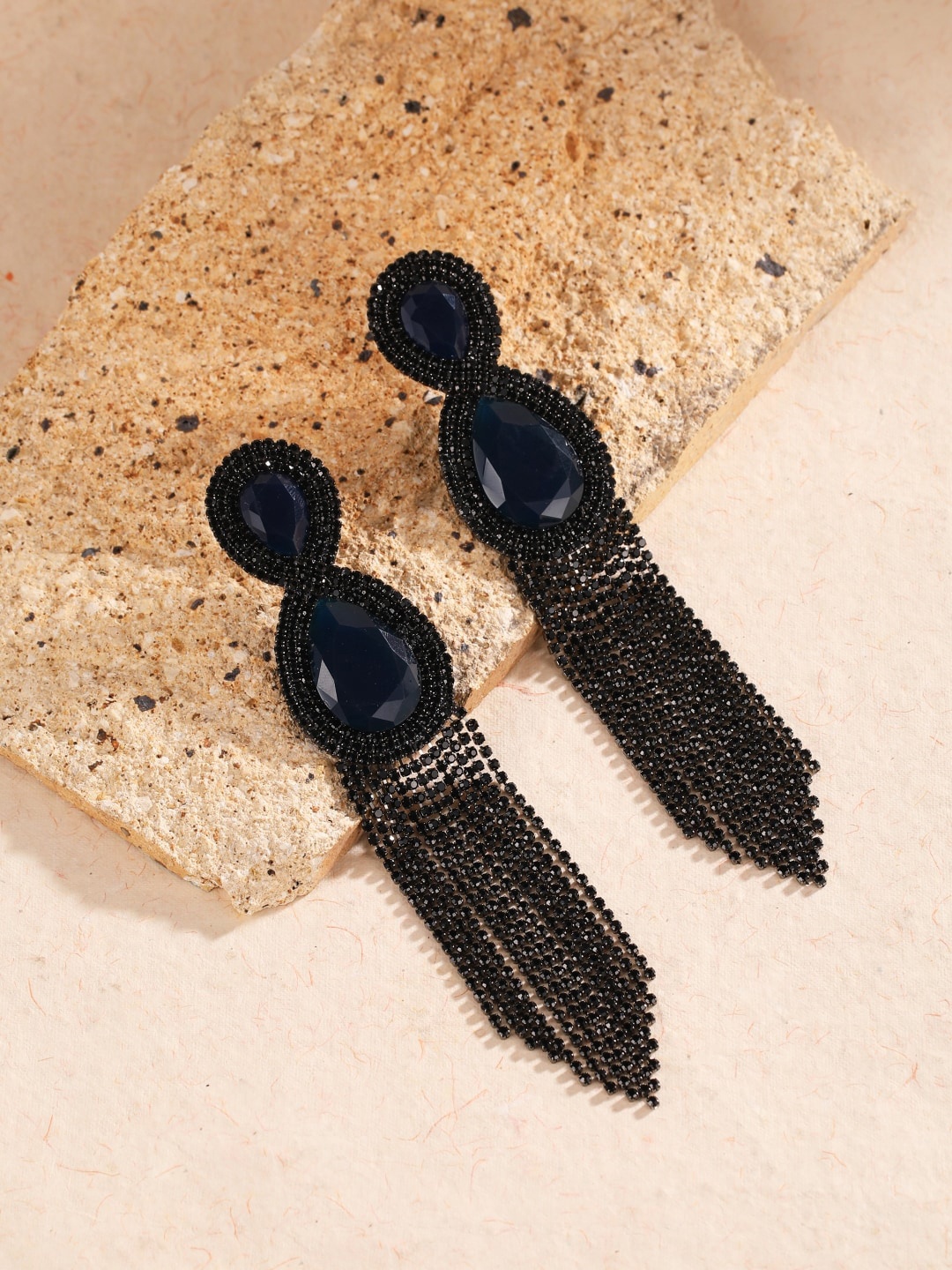 

DressBerry Black Brass-Plated Rhinestone Studded Contemporary Drop Earrings