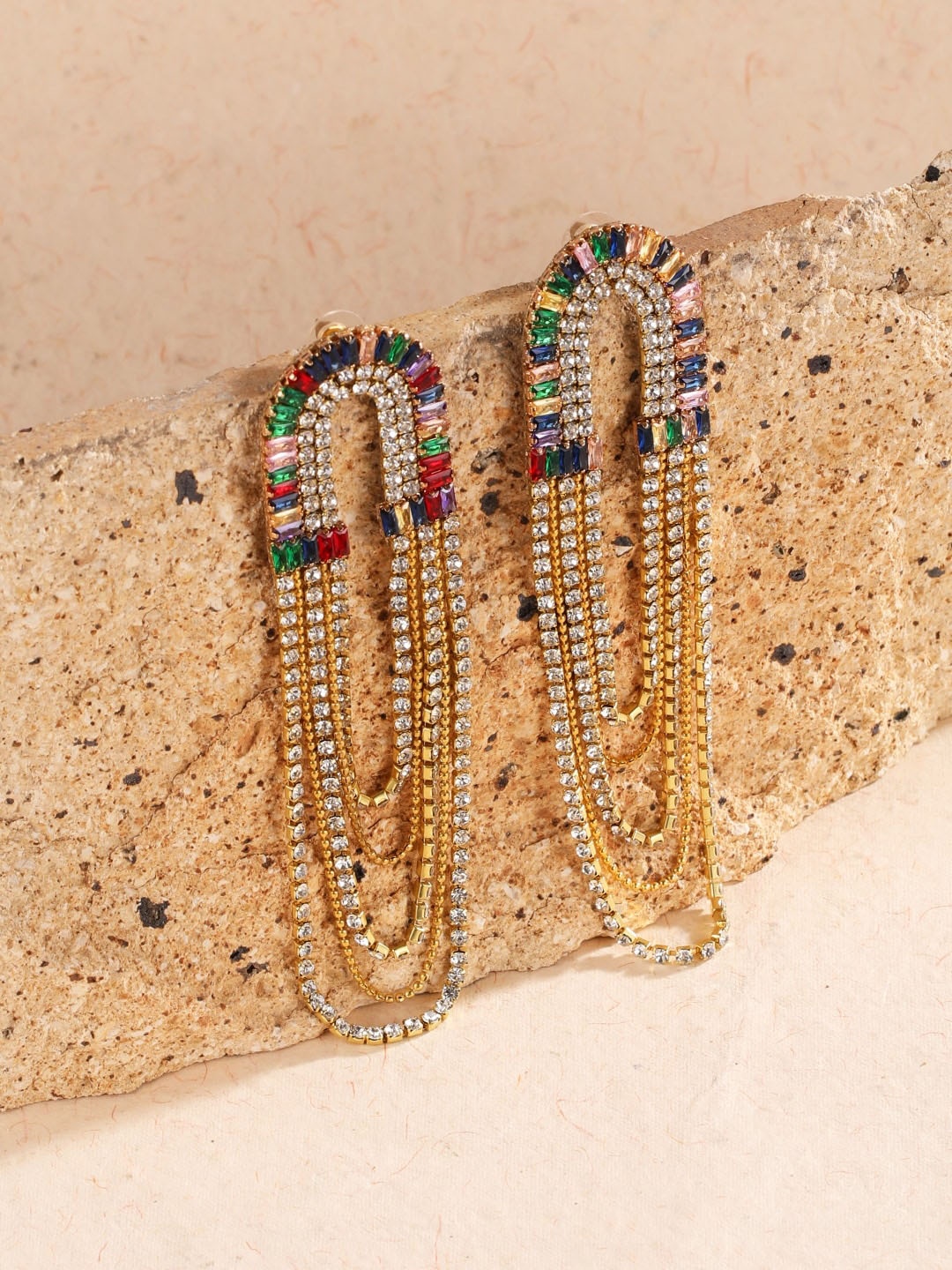 

DressBerry White Gold-Plated Contemporary Rhinestone Drop Earrings