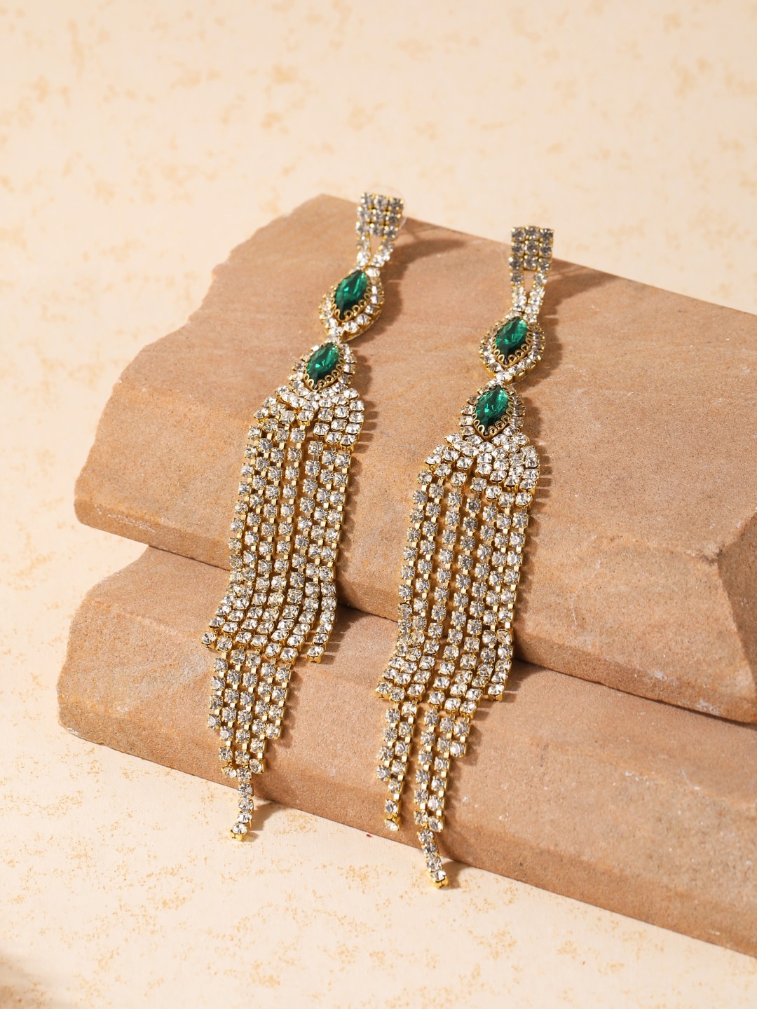 

DressBerry Gold-Plated Rhinestone Studded Tasselled Drop Earrings