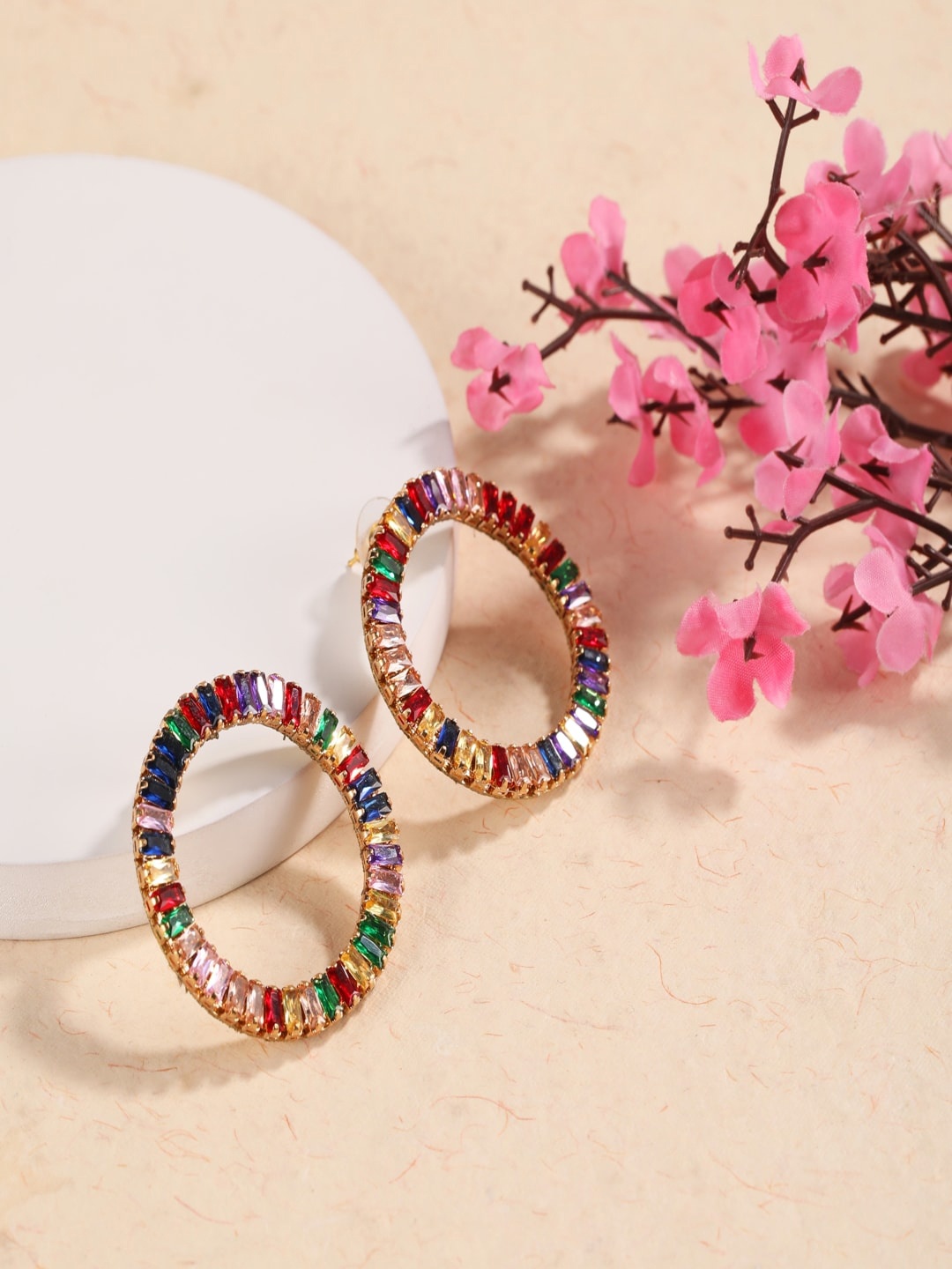 

DressBerry Green Gold-Plated Rhinestone Circular Studs Earrings