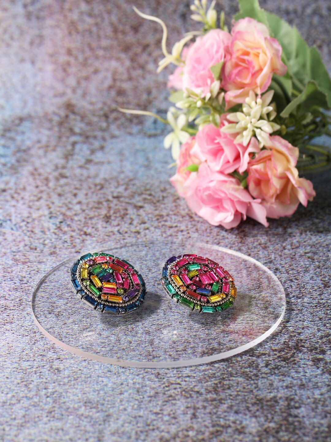 

DressBerry Silver-Plated Rhinestone Studded Brass Studs Earrings