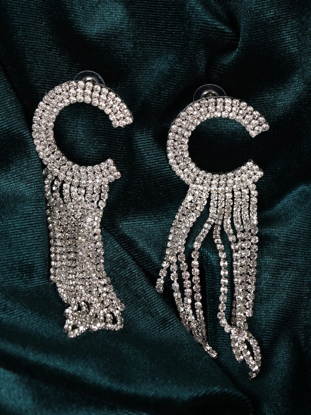 

DressBerry Silver-Plated Rhinestone Studded Brass Tasselled Drop Earrings