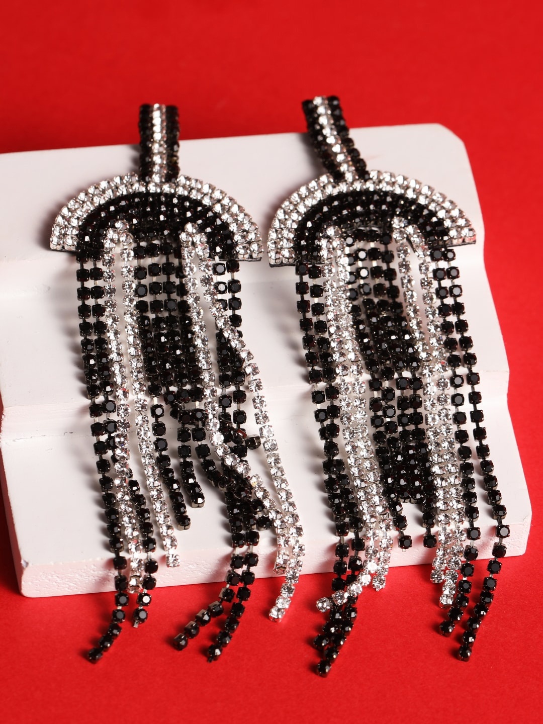

DressBerry Silver-Plated Rhinestone Studded Contemporary Tasselled Drop Earrings