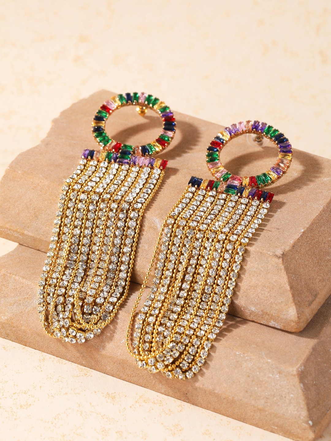 

DressBerry Gold Gold-Plated Rhinestone Studded Contemporary Drop Earrings