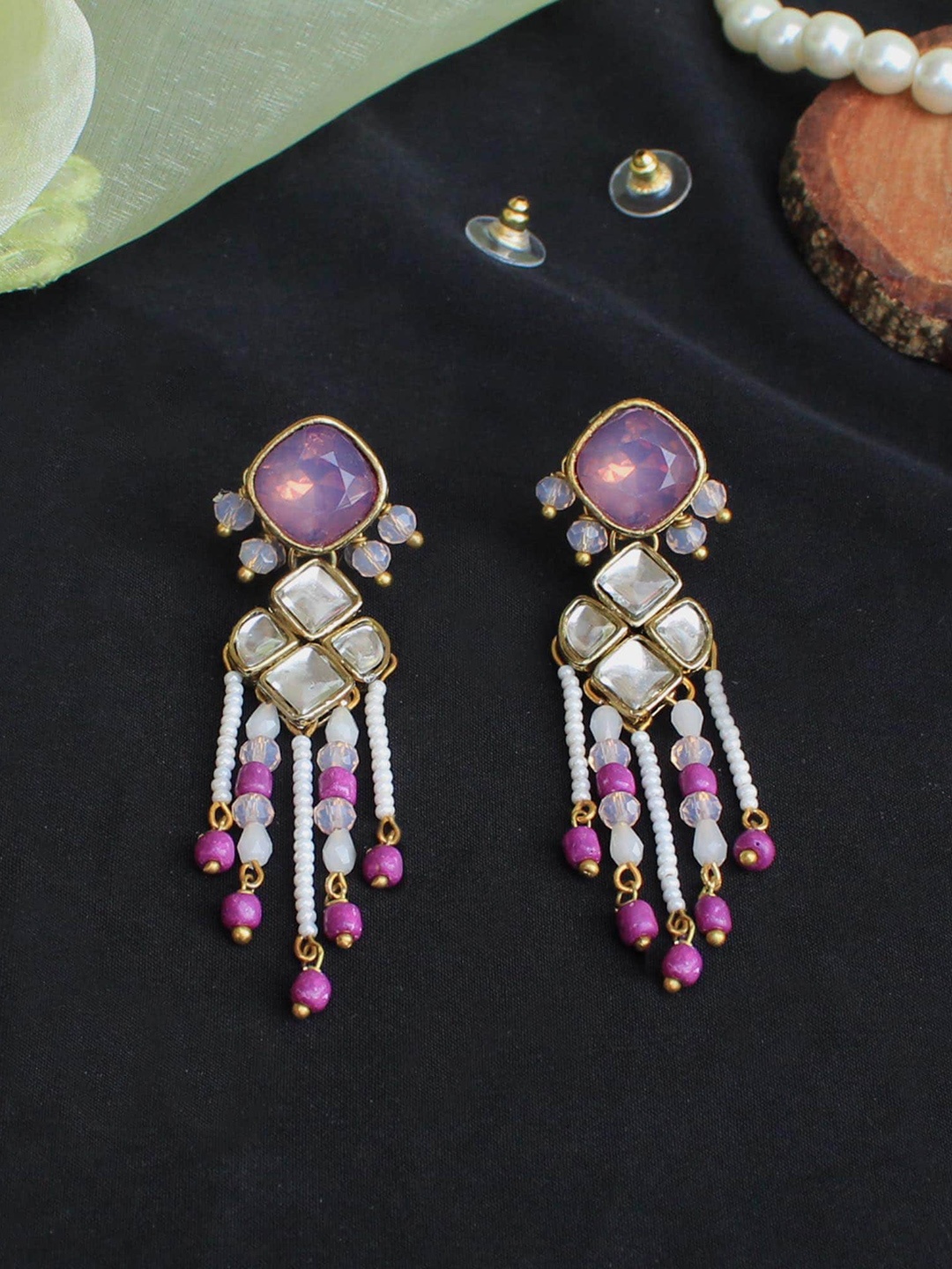 

BeAbhika Gola Plated Kundan Contemporary Drop Earrings, Purple