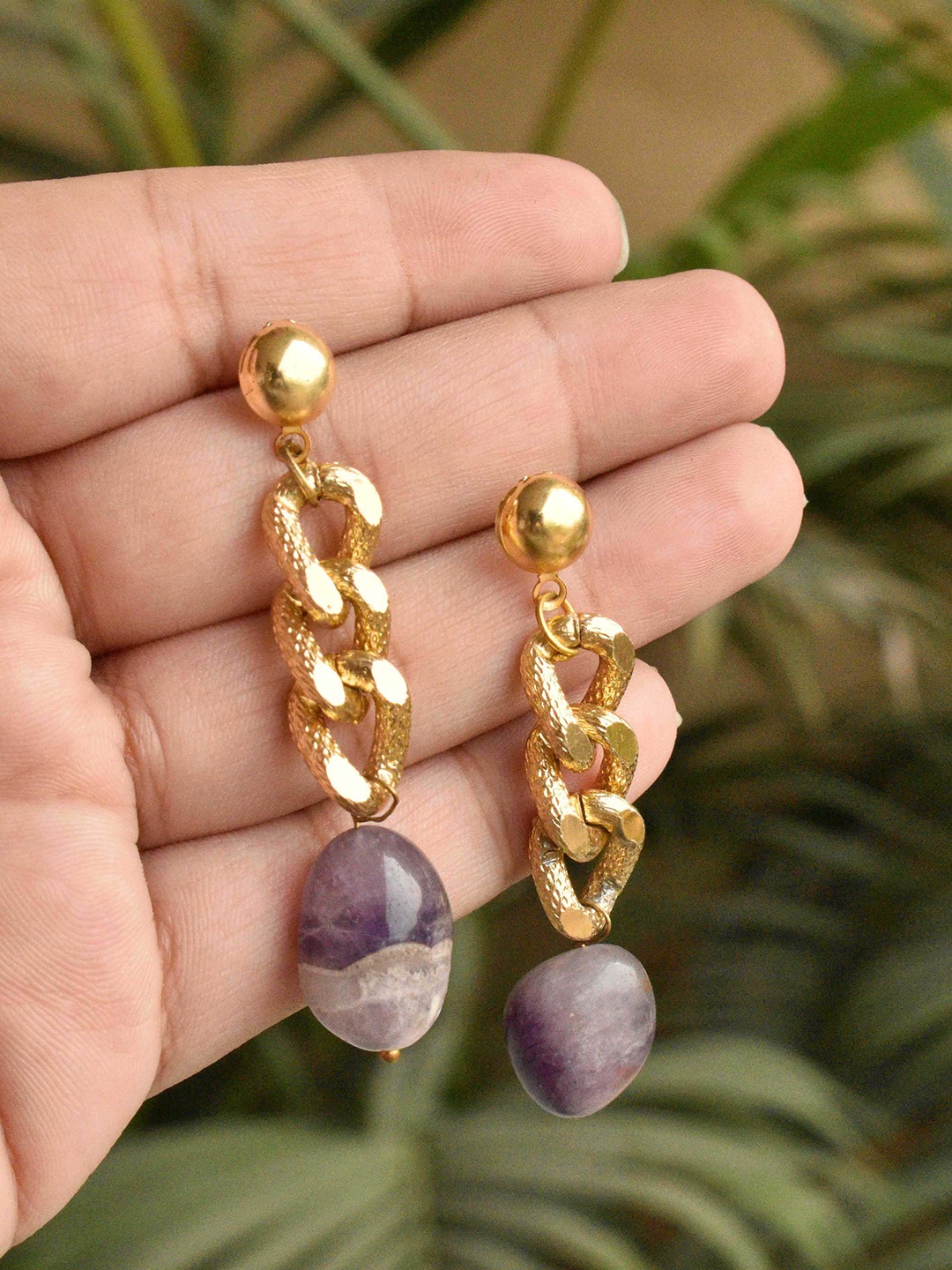 

BeAbhika Gold-Plated Amethyst-Studded Contemporary Broad Chain Drop Earrings