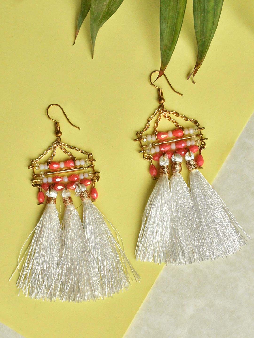 

BeAbhika Misty Gold-Plated Beaded Contemporary Tasselled Drop Earrings, White