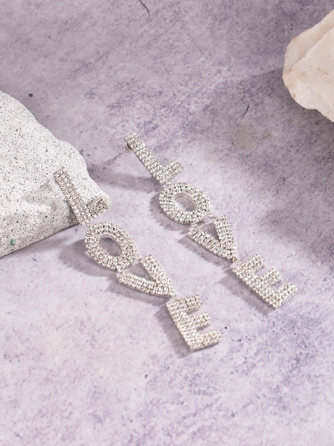 

Stylecast X KPOP Silver-Toned Silver-Plated Rhinestone Studded Contemporary Drop Earrings