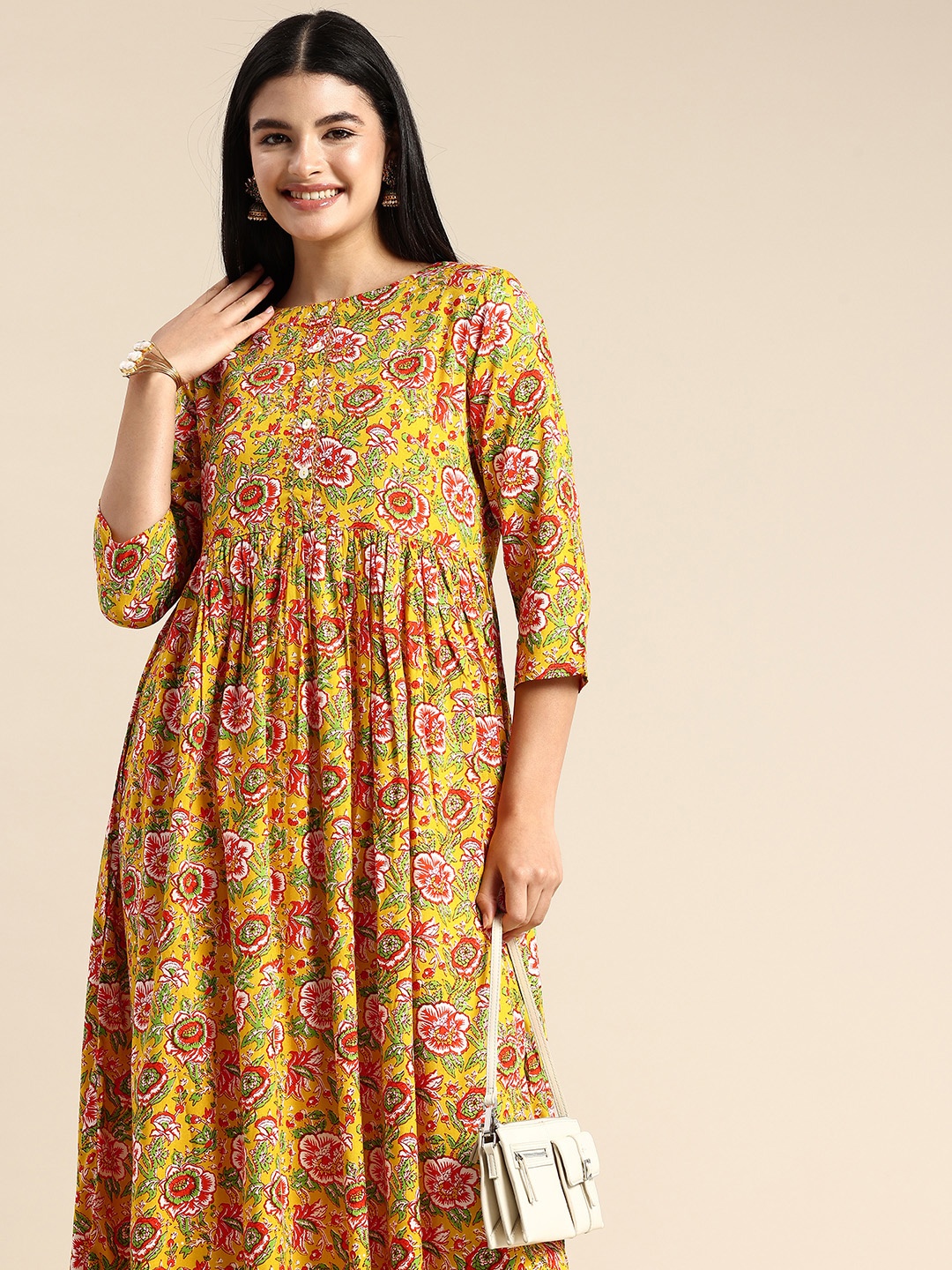 

A&K Floral Printed A-Line Kurta, Yellow