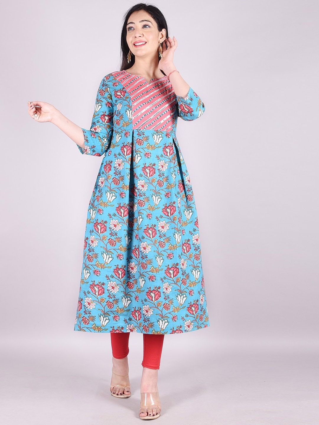 

A&K Floral Printed Thread Work Pure Cotton Floral Kurta, Blue