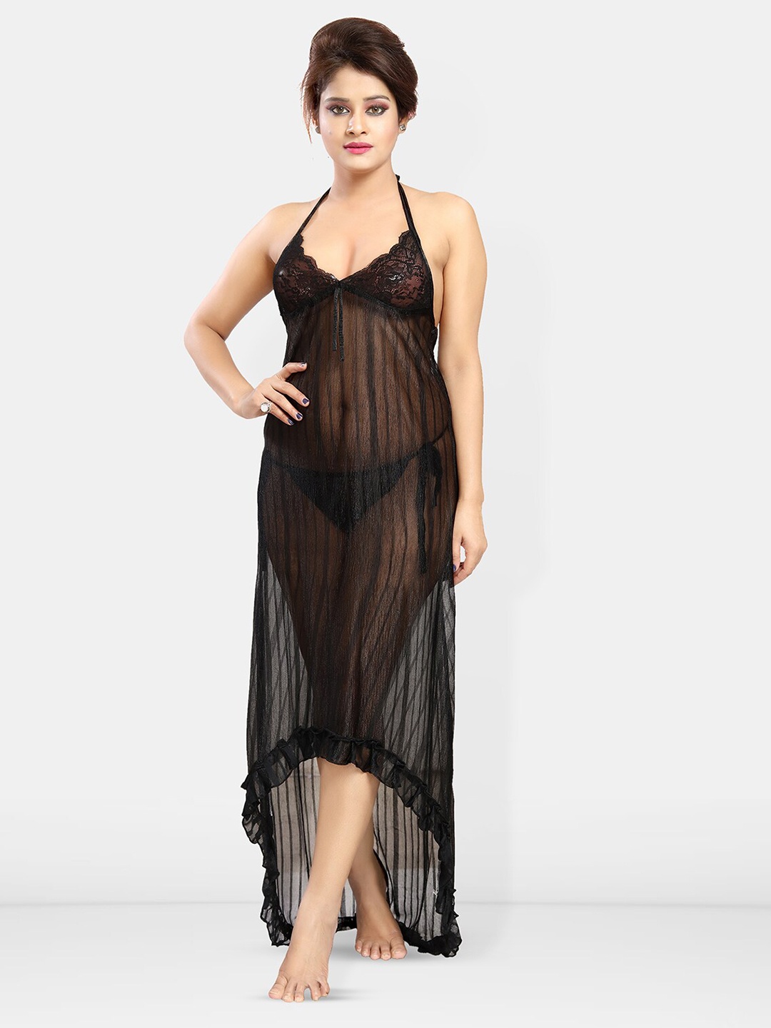 

Be You Self Design Halter Neck Net Baby Doll With Brief, Black