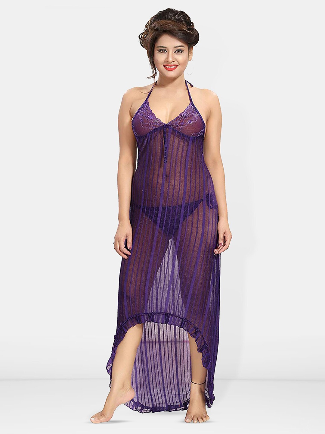 

Be You Self Design Net Halter Neck Baby Doll With Brief, Purple