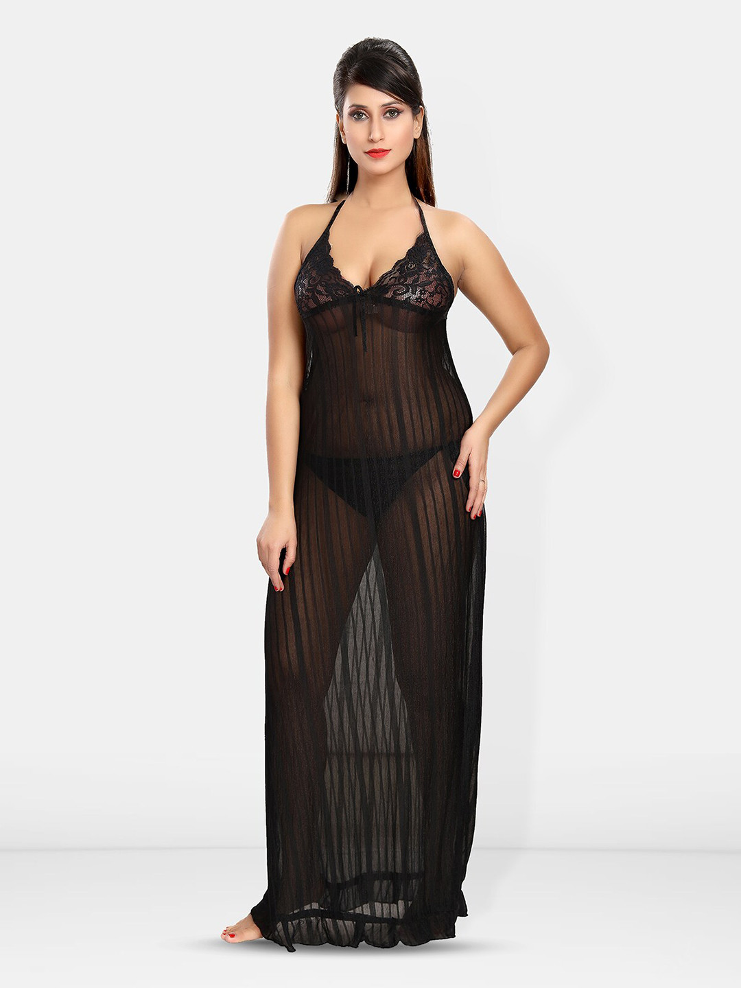 

Be You Self Design Net Halter Neck Baby Doll With Brief, Black