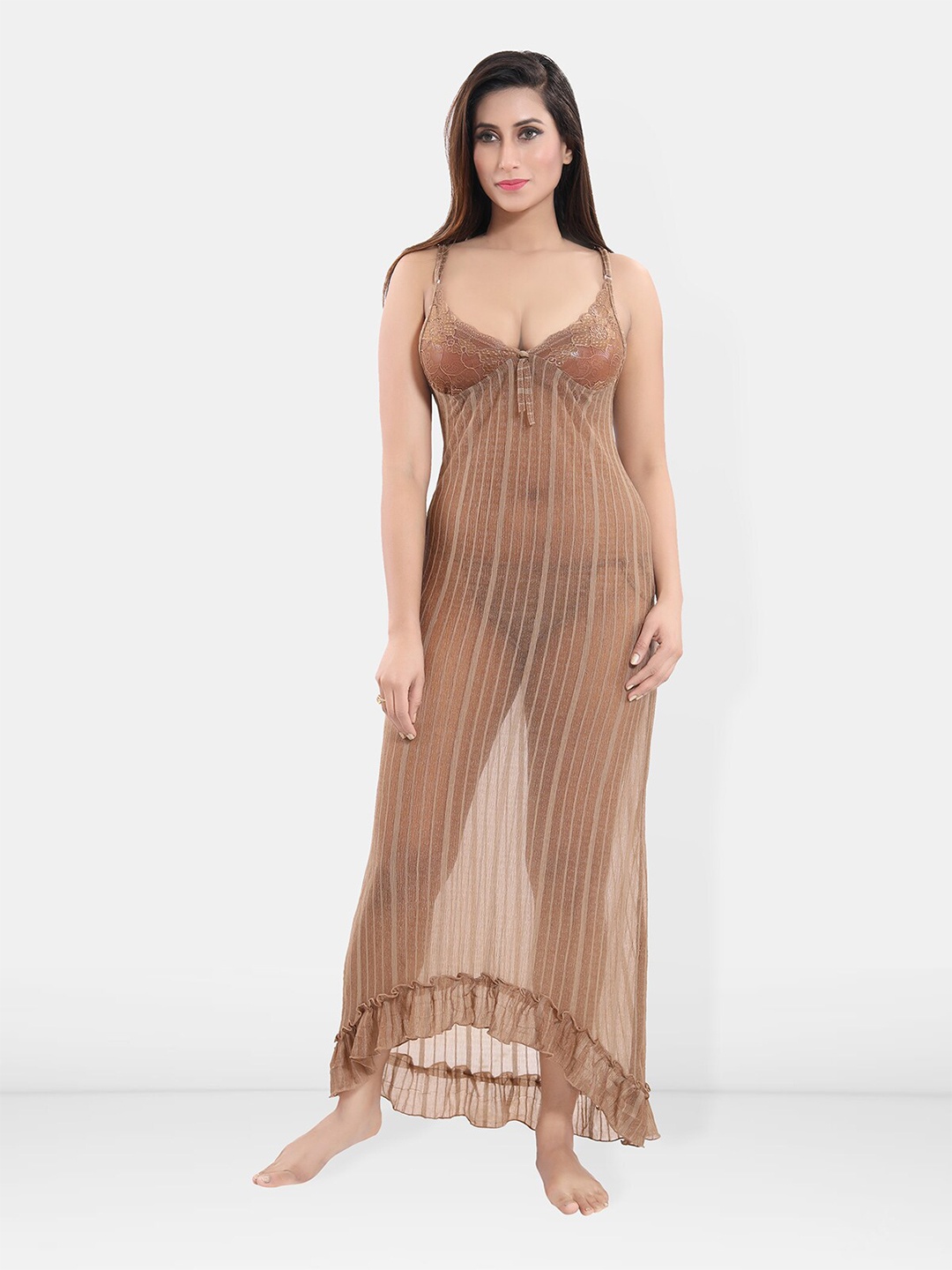 

Be You Self Design Shoulder Straps Net Baby Doll With Brief, Beige