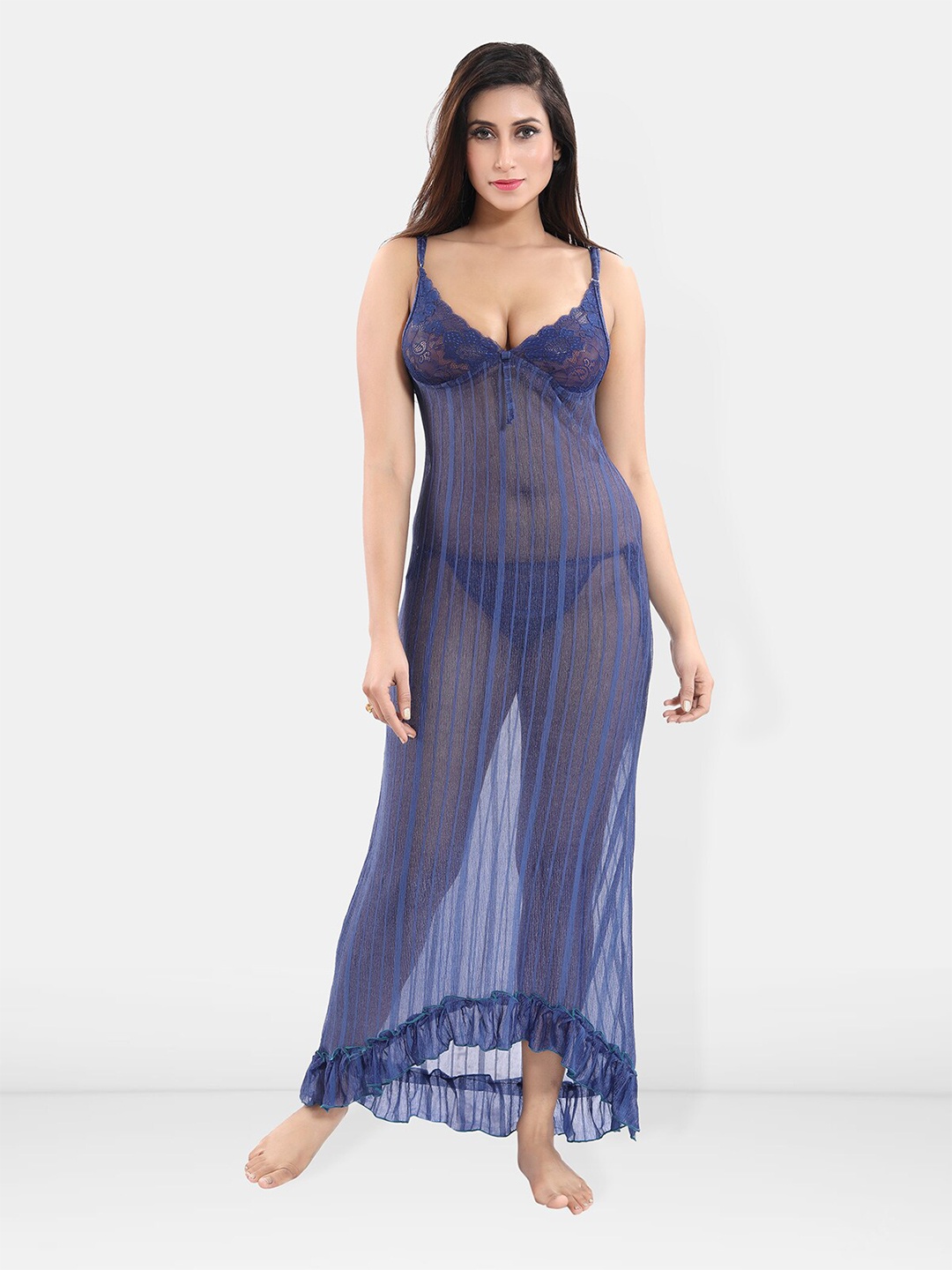 

Be You Striped Shoulder Straps Net Baby Doll With Brief, Blue
