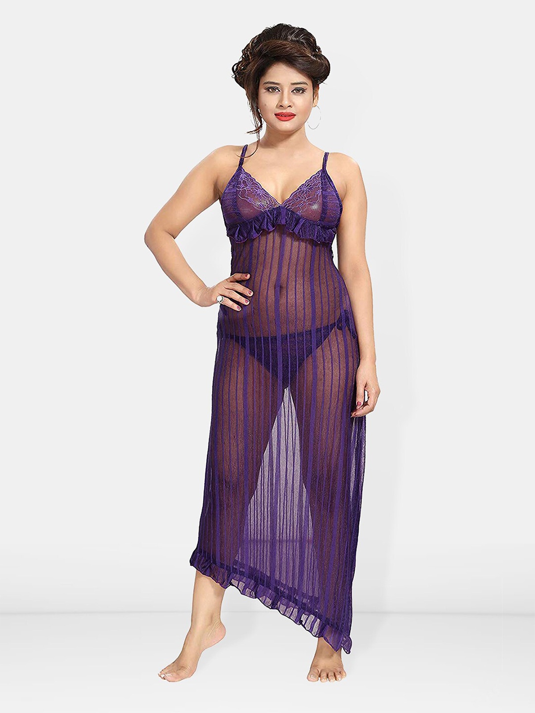 

Be You Shoulder Straps Net Baby Doll With Briefs, Purple