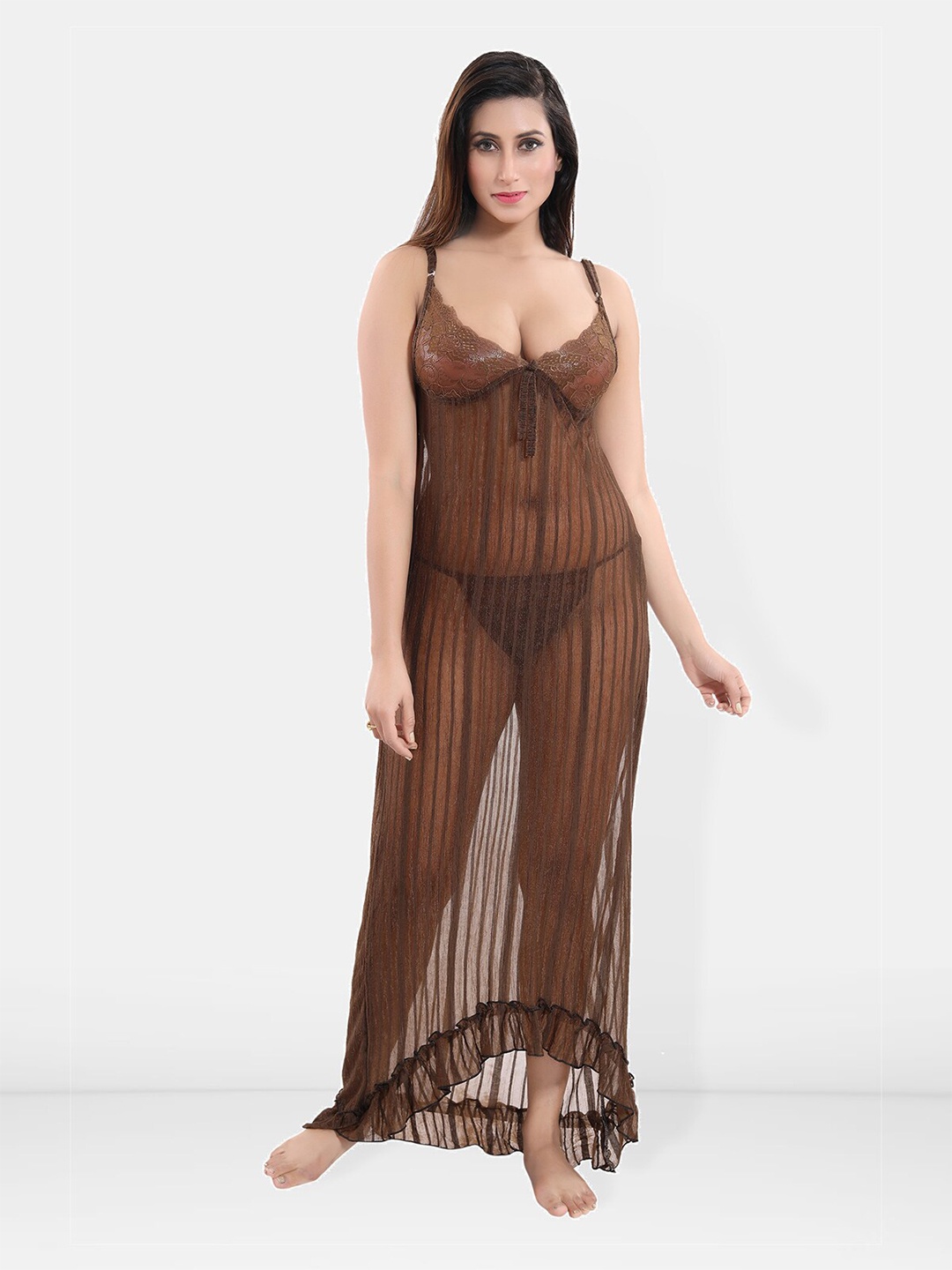 

Be You Self Design Shoulder Straps Net Baby Doll With Brief, Brown