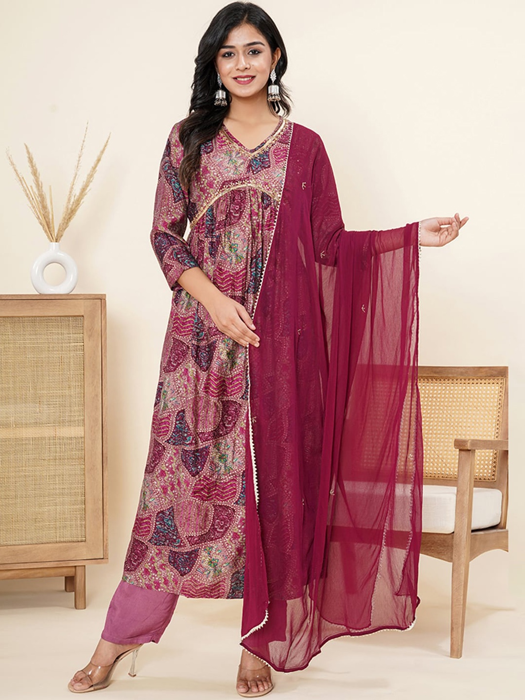 

ROOHANIYAT Printed High Slit Sequinned Kurta with Pyjamas & Dupatta, Maroon