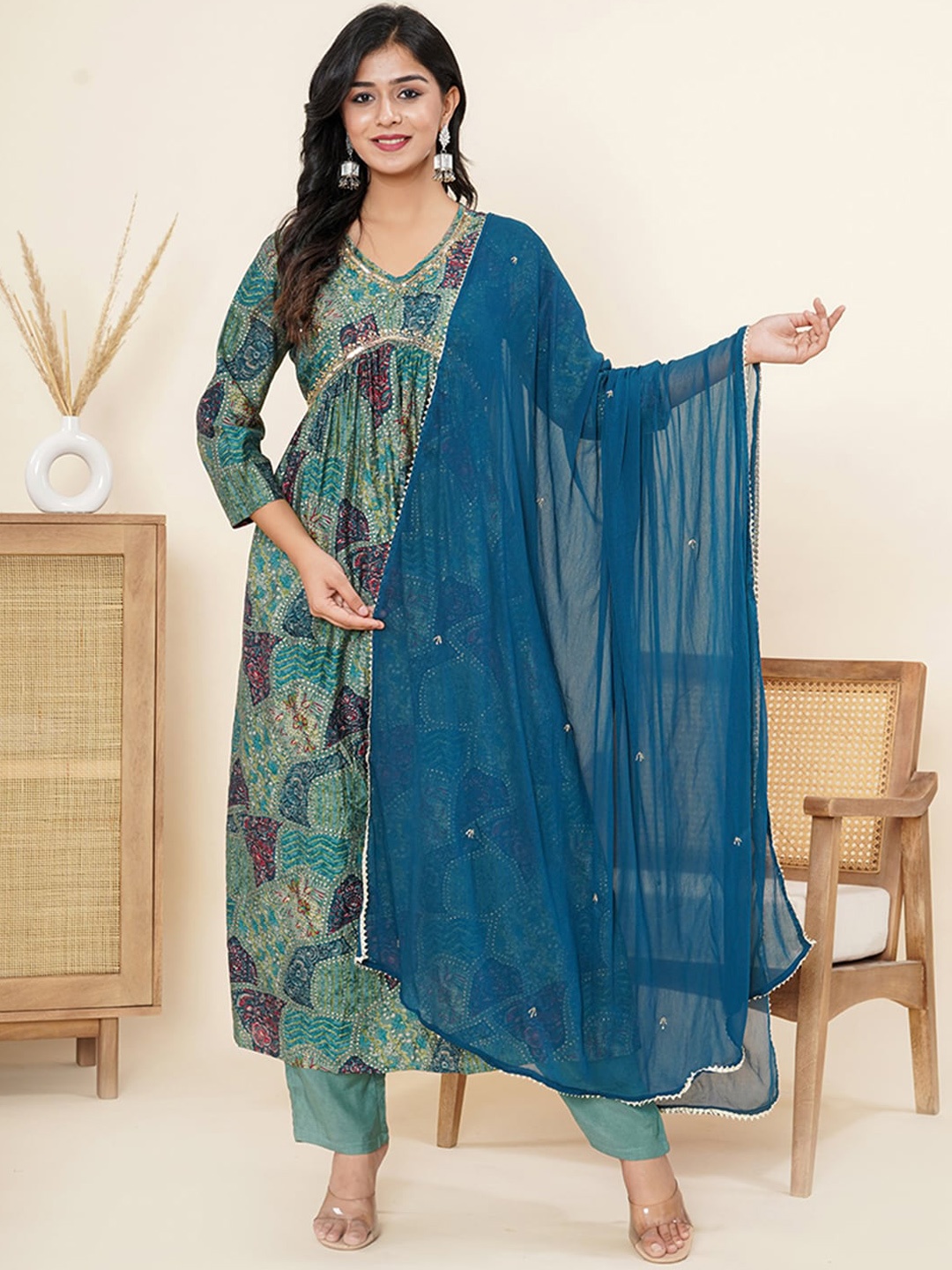 

ROOHANIYAT V Neck Ethnic Printed Sequinned Kurta with Trouser & Dupatta, Green