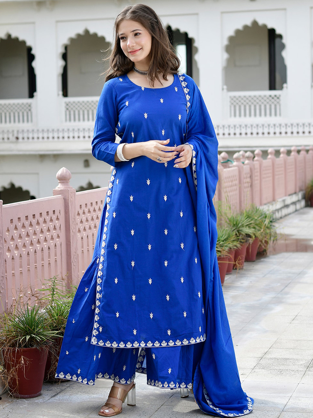 

ROOHANIYAT Embroidered Regular Thread Work Pure Cotton Kurta with Sharara & Dupatta, Blue