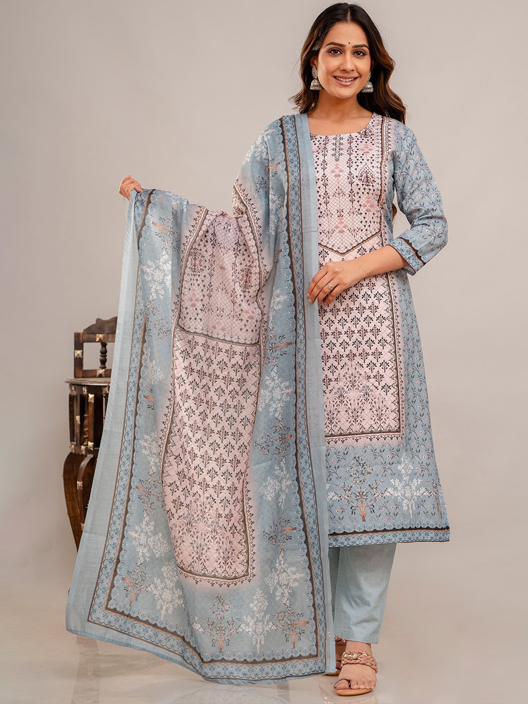 

ROOHANIYAT Round Neck Ethnic Printed Straight Kurta with Trouser & Dupatta, Blue
