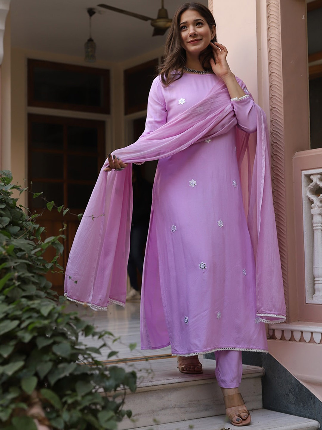 

ROOHANIYAT Embroidered Regular Mirror Work Kurta with Trousers & Dupatta, Purple