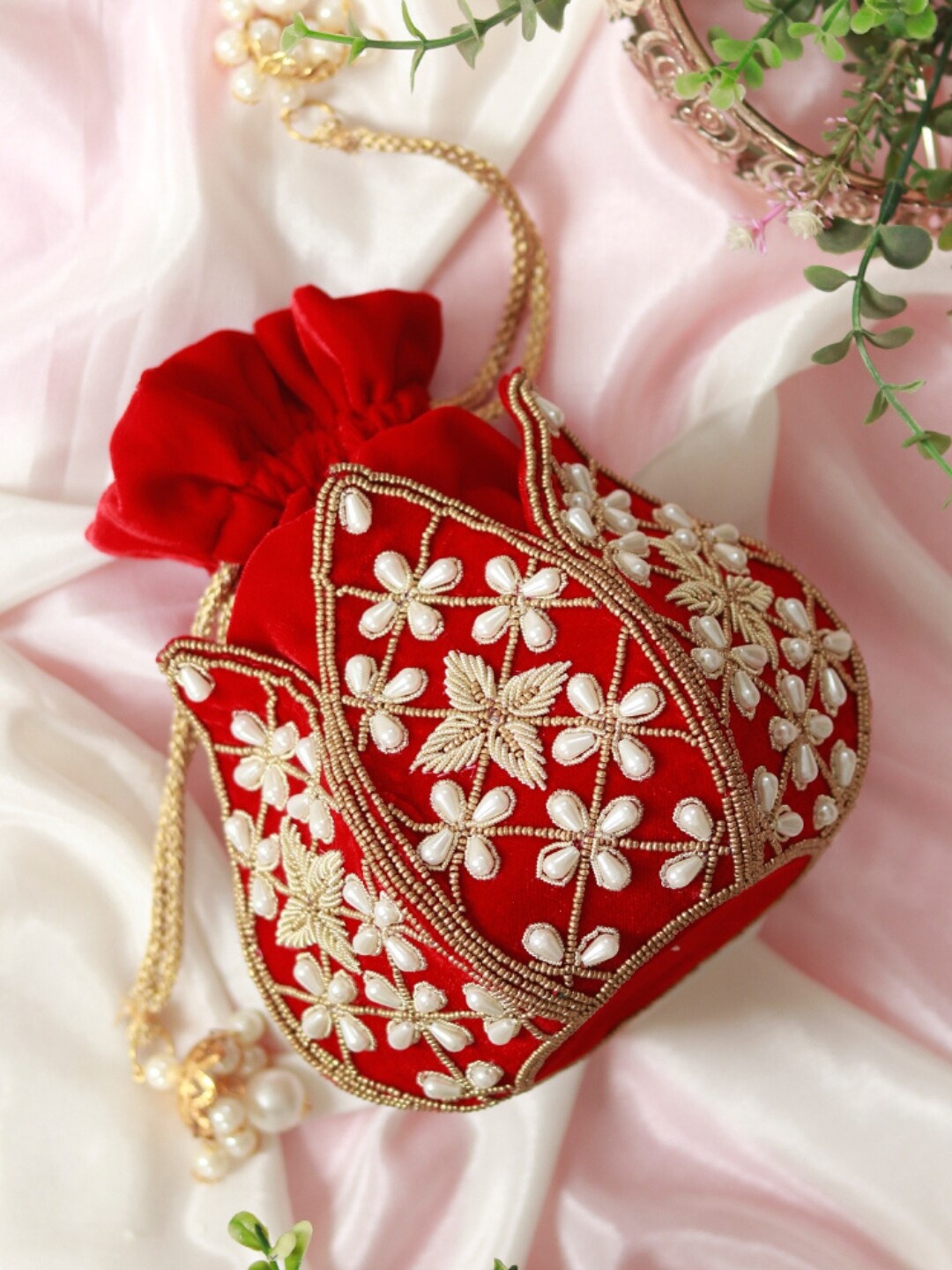 

THE TAN CLAN Embroidered Beads Beaded Potli Clutch, Red