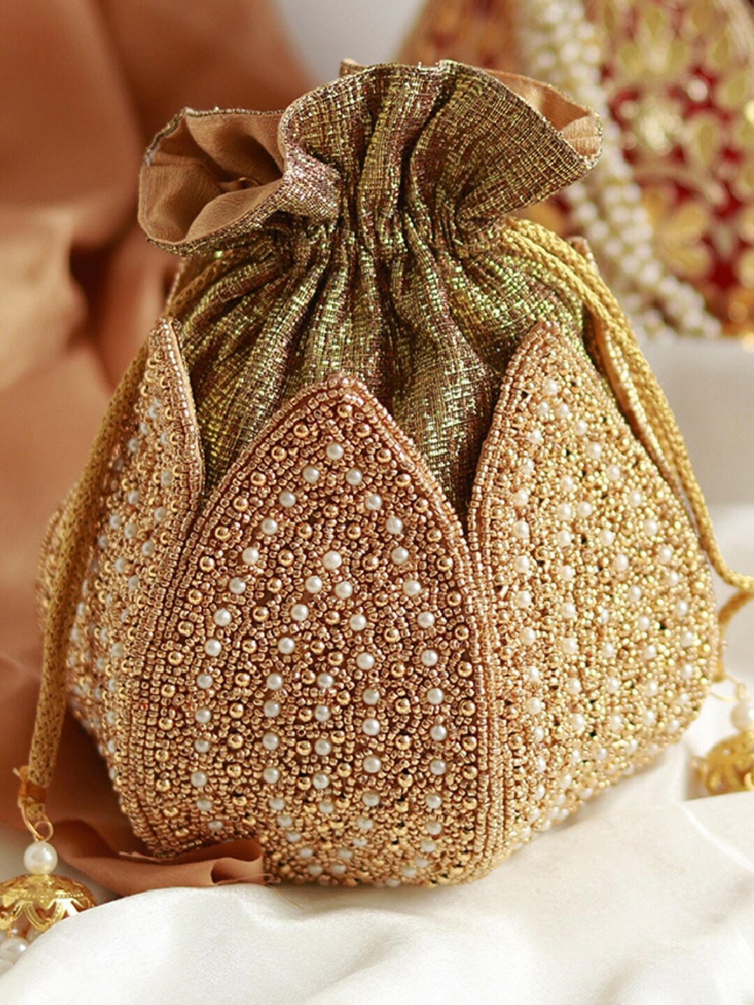 

THE TAN CLAN Embroidered Potli Clutch, Gold