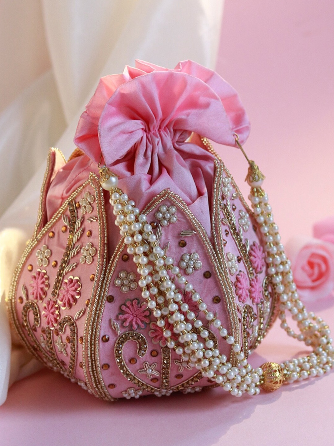 

THE TAN CLAN Embroidered Potli Clutch, Pink