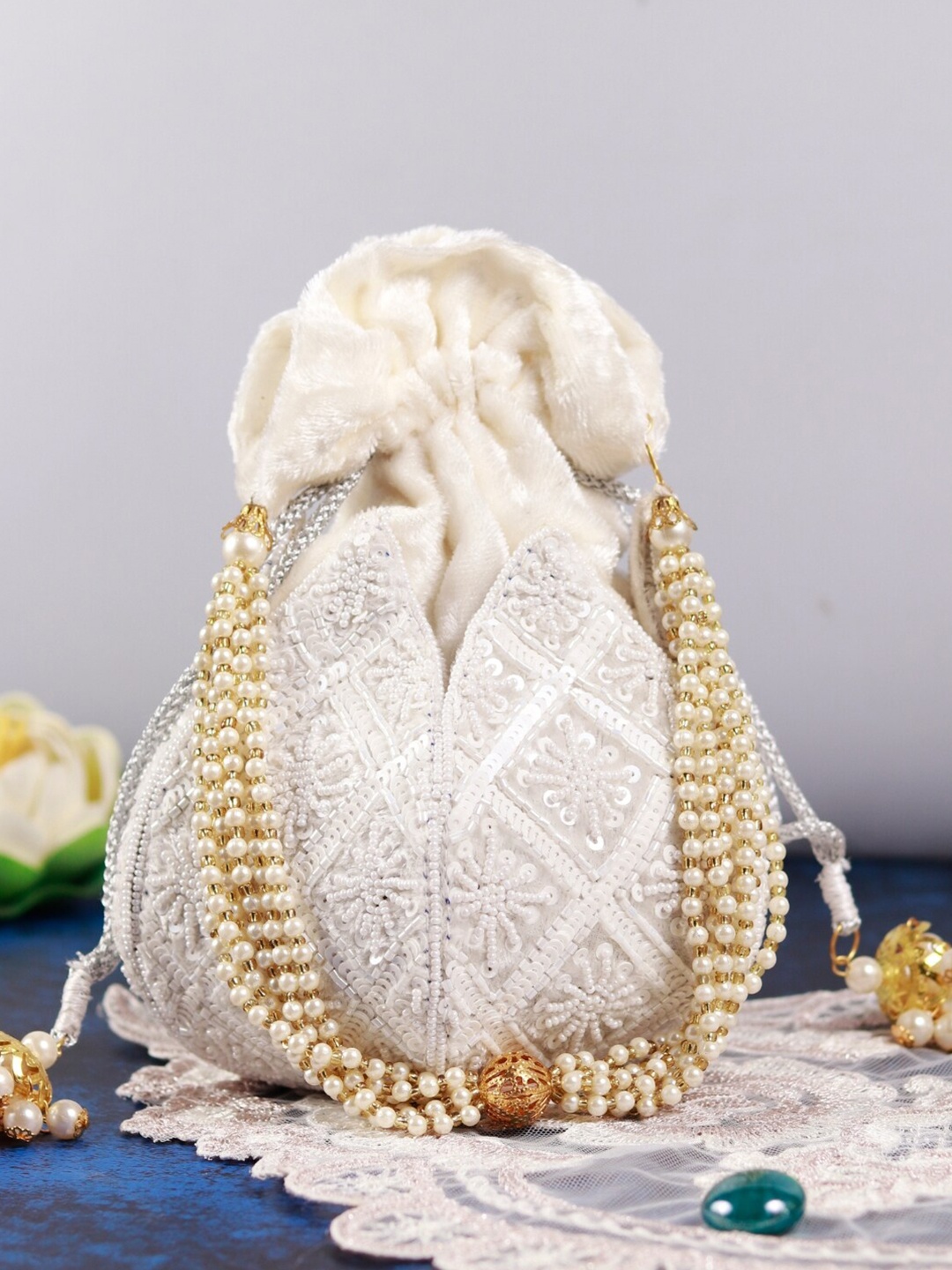 

THE TAN CLAN Embroidered Potli Clutch, White