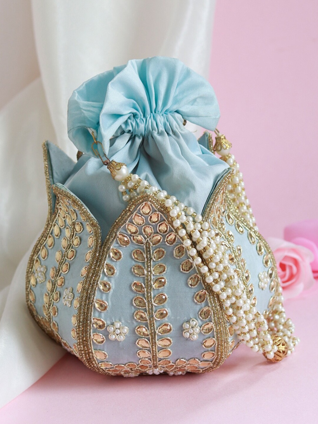 

THE TAN CLAN Embroidered Potli Clutch, Blue