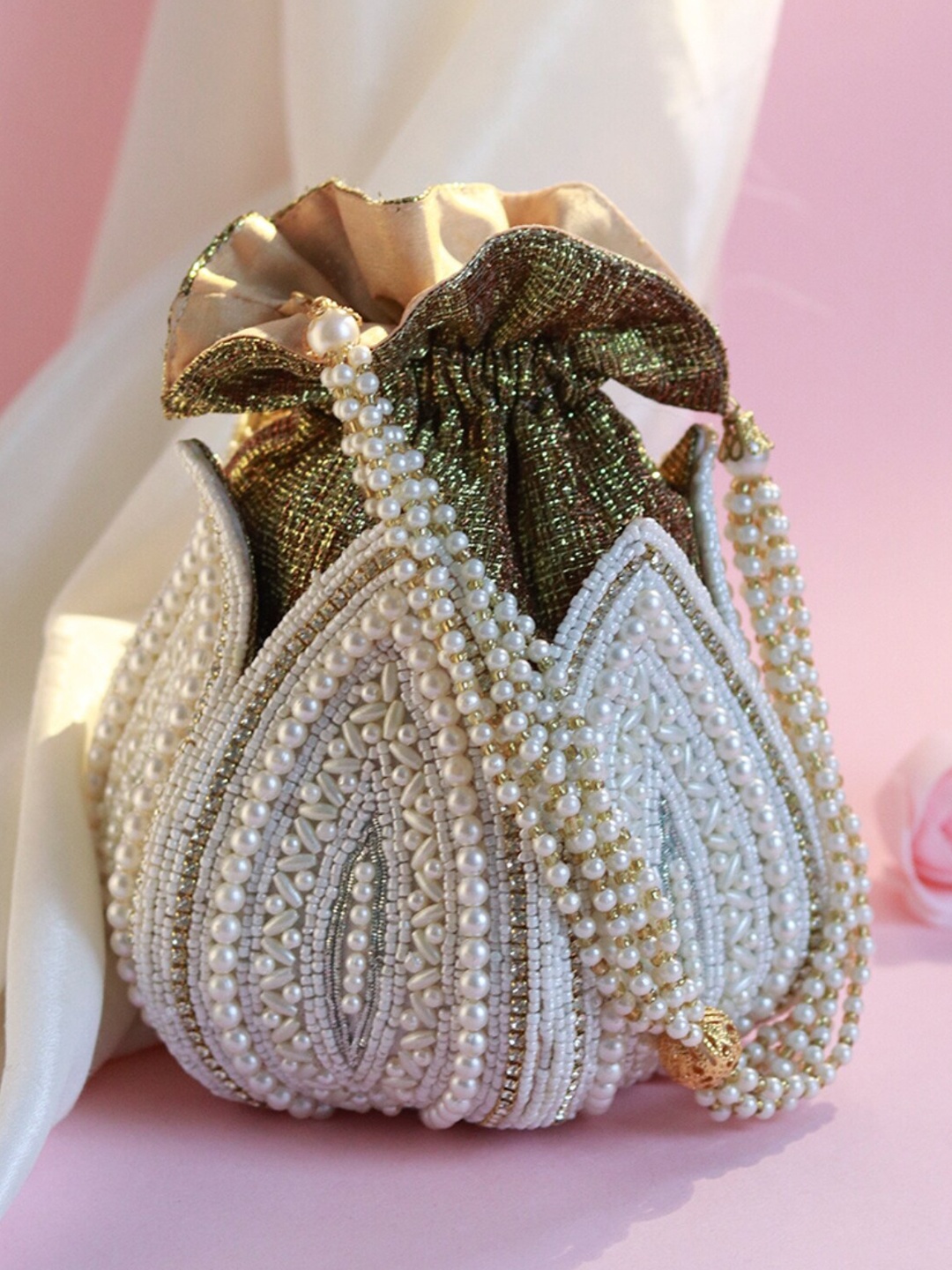 

THE TAN CLAN Embroidered Tasselled Potli Clutch, White