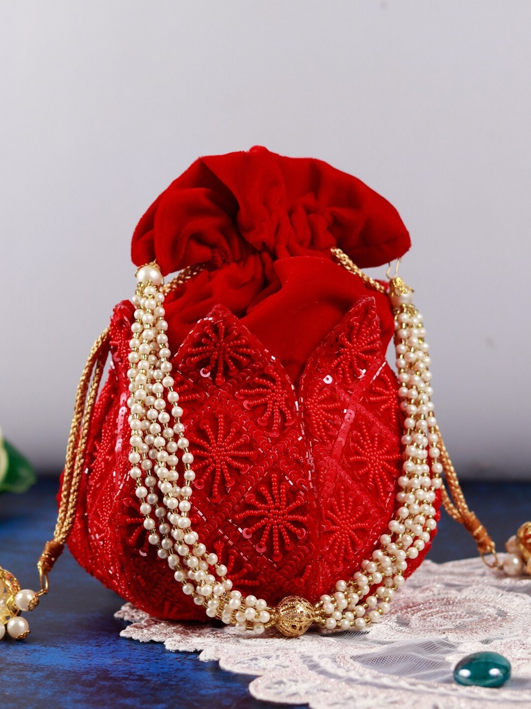 

THE TAN CLAN Embroidered Tasselled Potli Clutch, Red