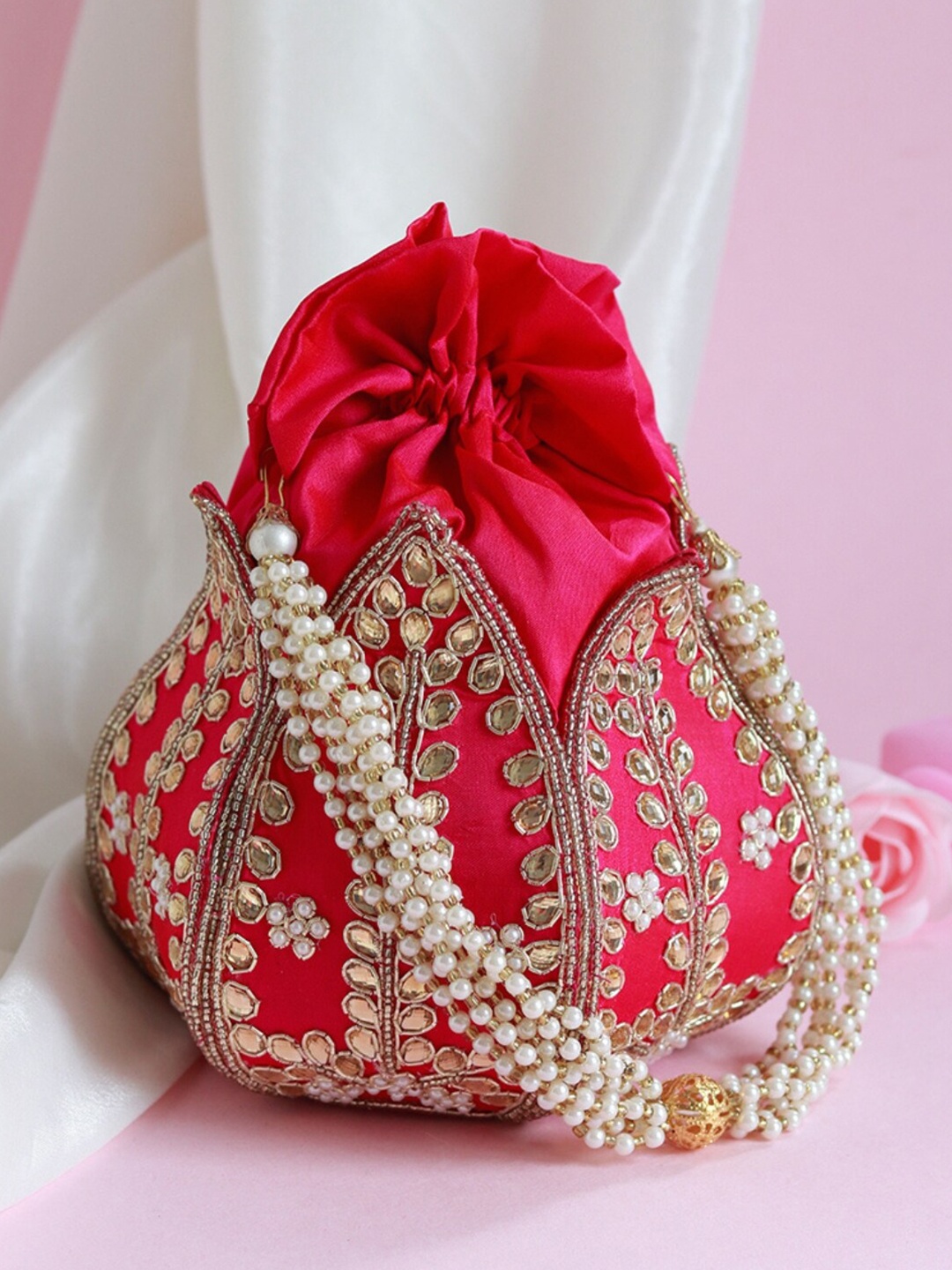 

THE TAN CLAN Embroidered Potli Clutch, Pink