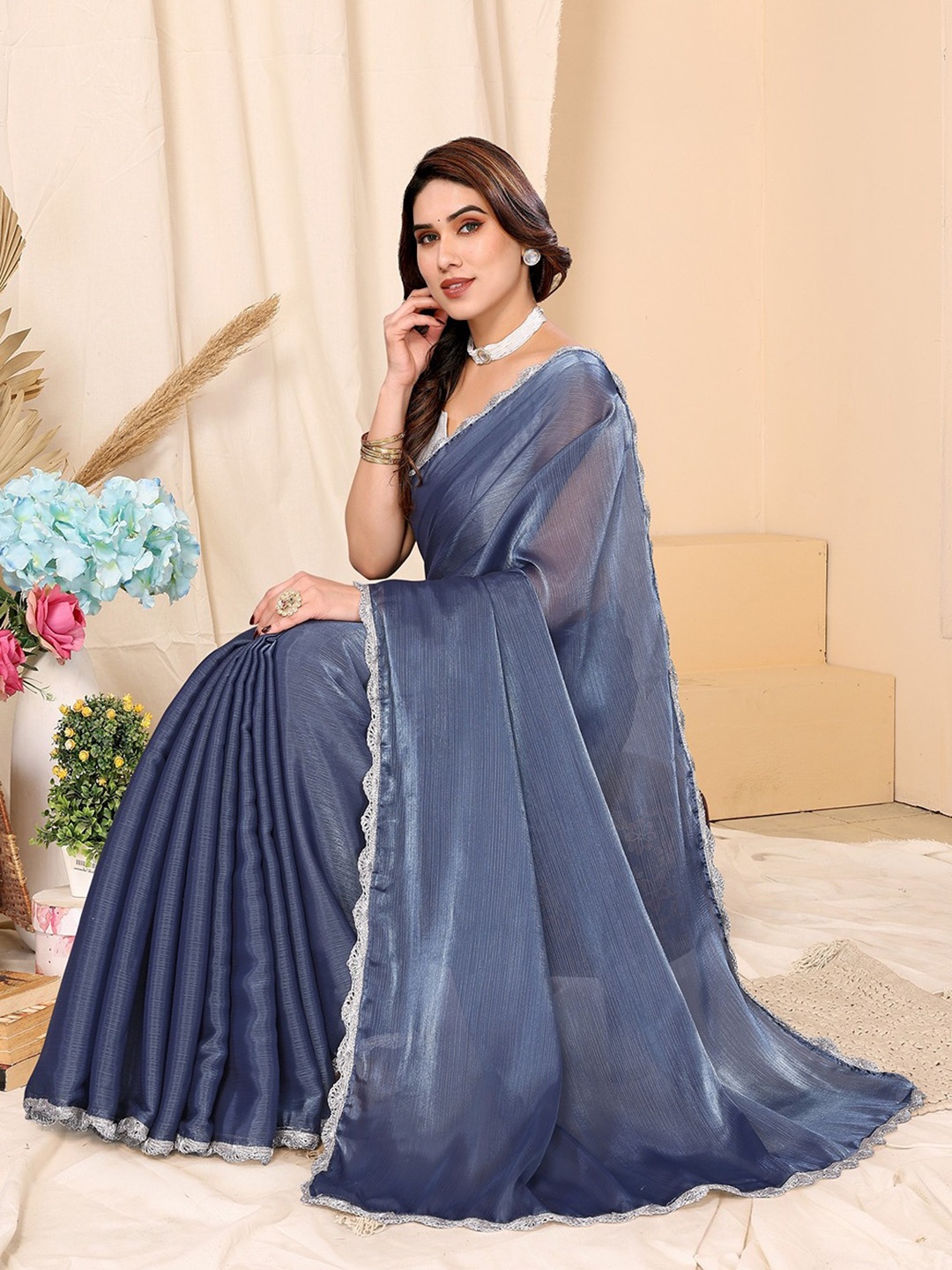 

FABMORA Embellished Saree, Grey