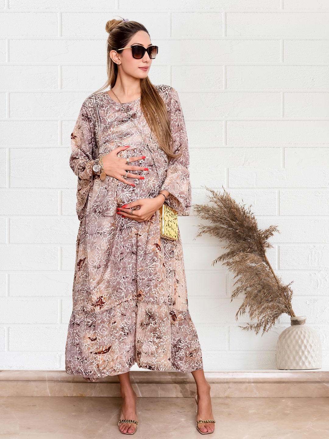 

LA FURBO Floral Printed Bell Sleeve Maternity A-Line Midi Dress, Brown