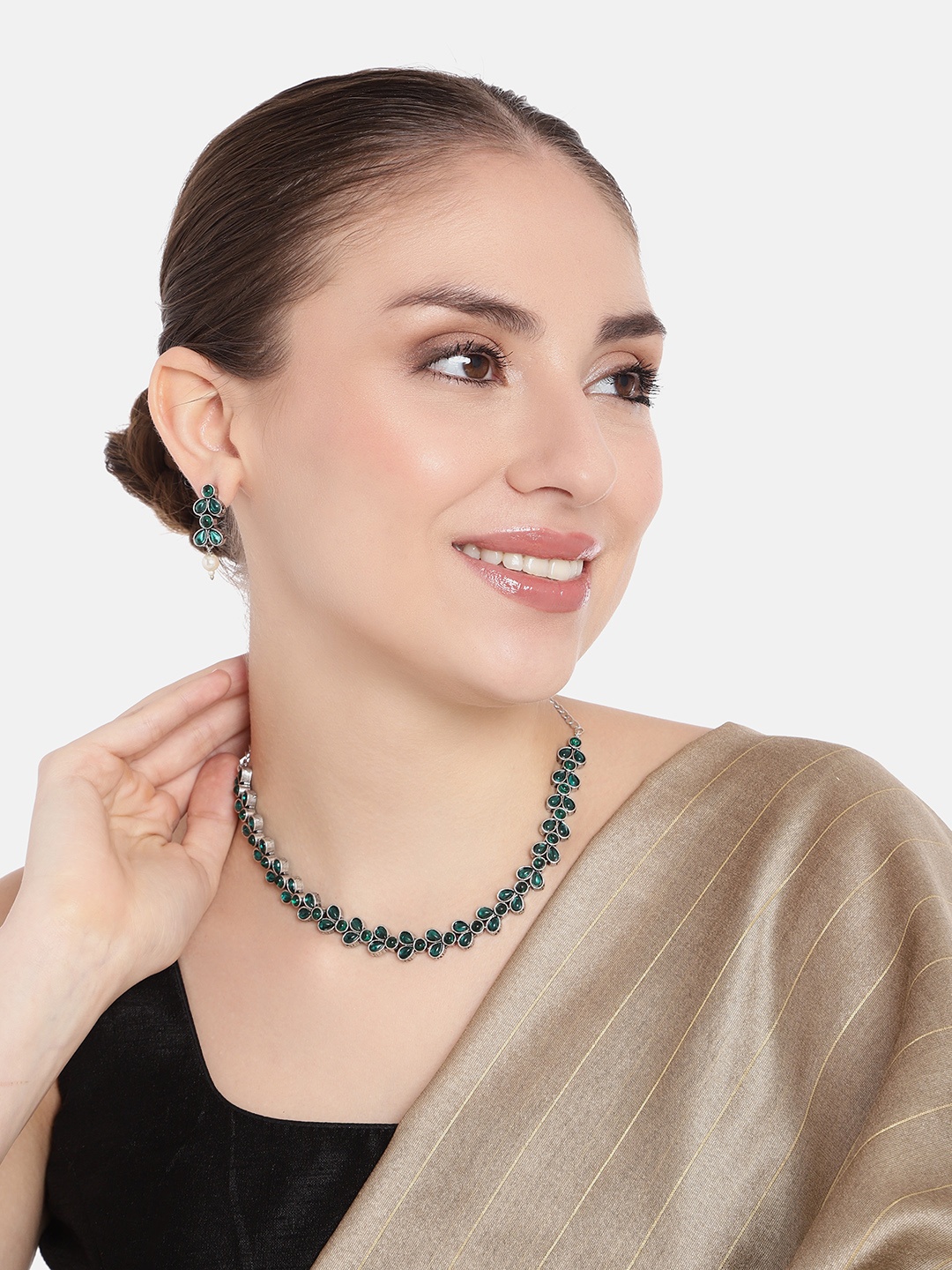 

AITIHYA Silver-Plated Oxidised Artificial Stones Jewellery Set, Green