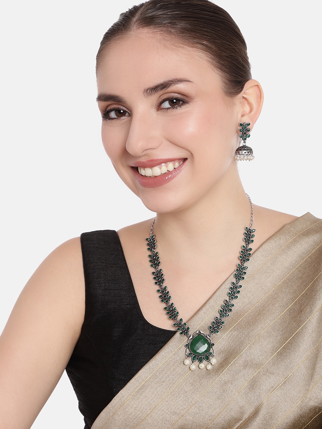 

AITIHYA Oxidised Silver-Plated Stone Studded Necklace & Jhumka Earrings Jewellery Set, Green