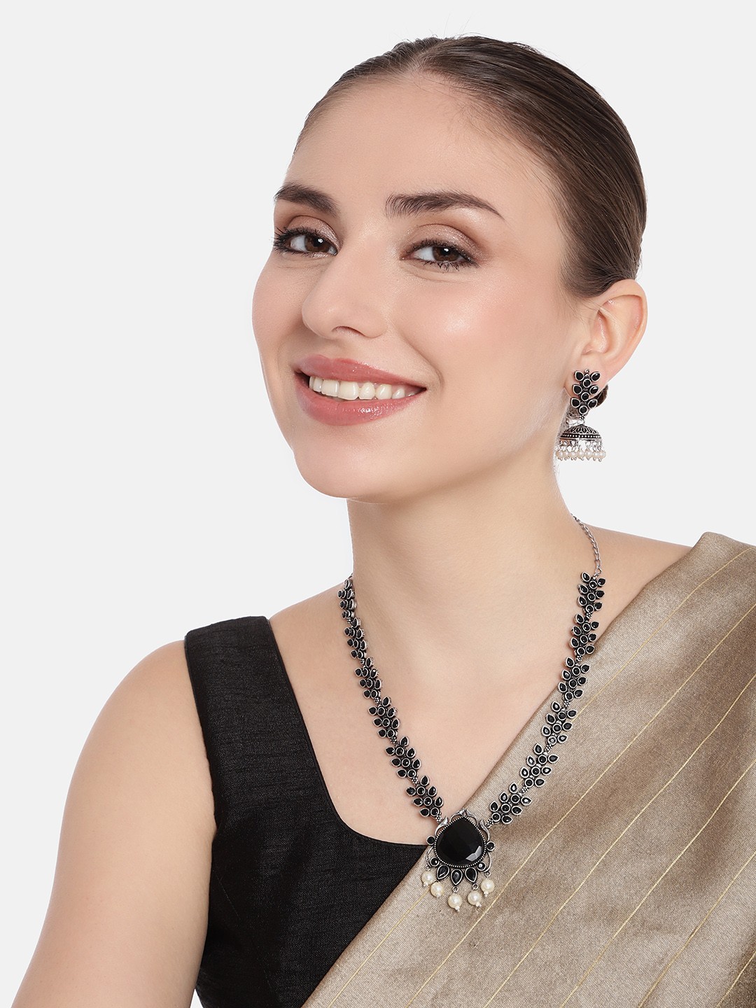 

AITIHYA Oxidised Silver-Plated Stone Studded Necklace & Jhumka Earrings Jewellery Set, Black