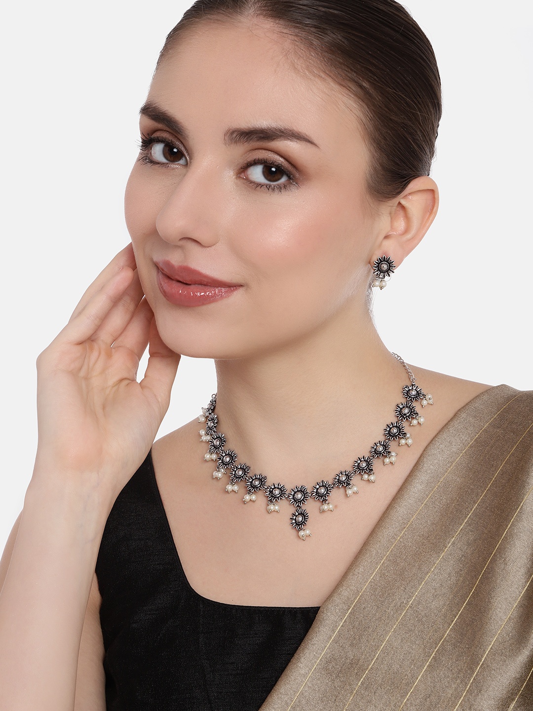 

AITIHYA Silver-Plated Oxidised Artificial Beads Jewellery Set