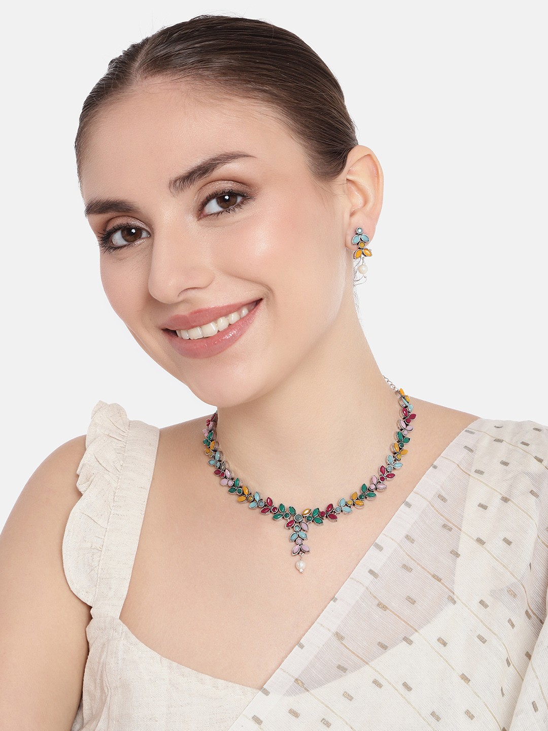 

AITIHYA Women Silver-Plated Stones-Studded Oxidised Jewellery Set, Multi