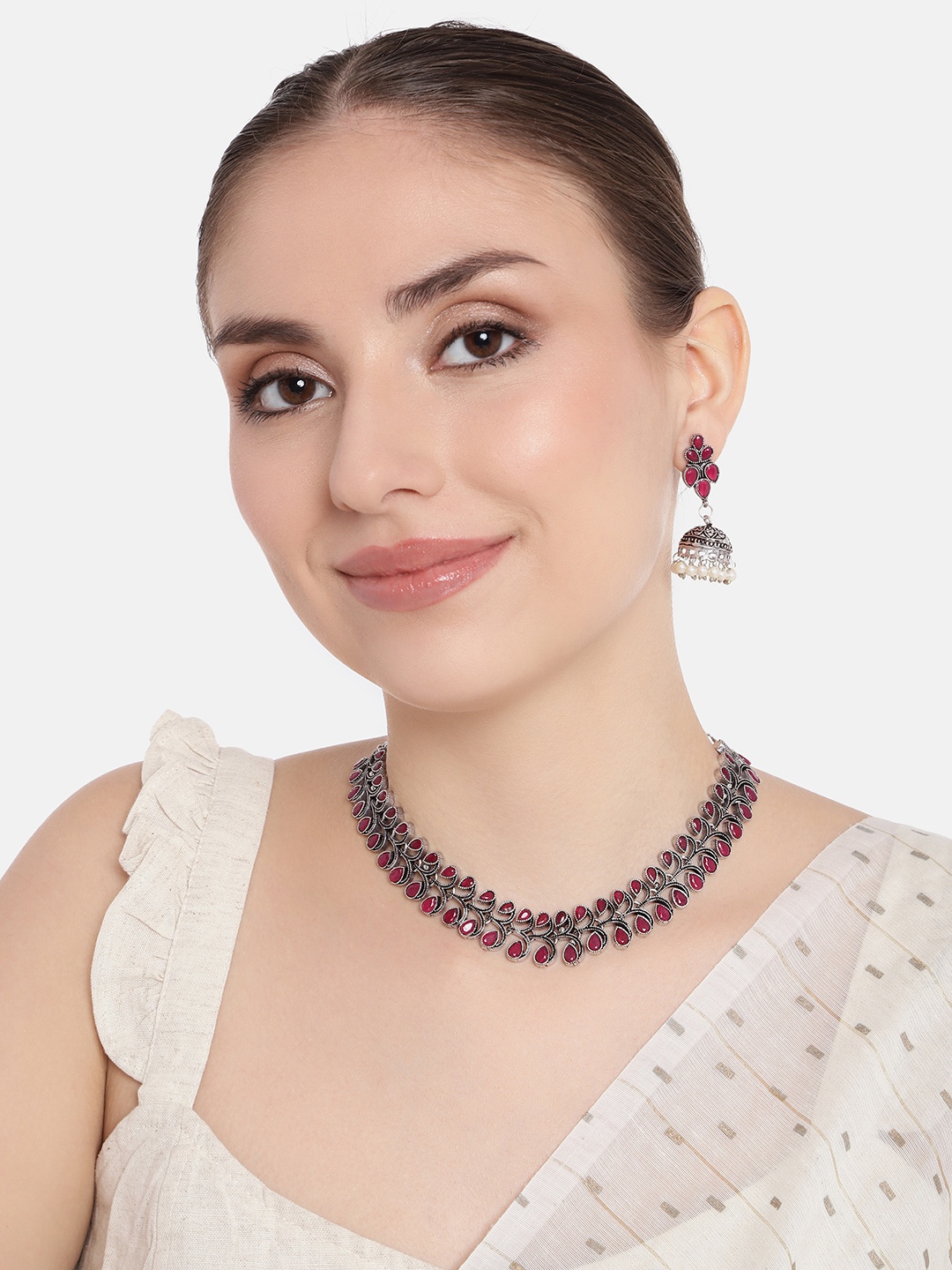 

AITIHYA Women Silver-Plated Stones-Studded Oxidised Jewellery Set, Pink