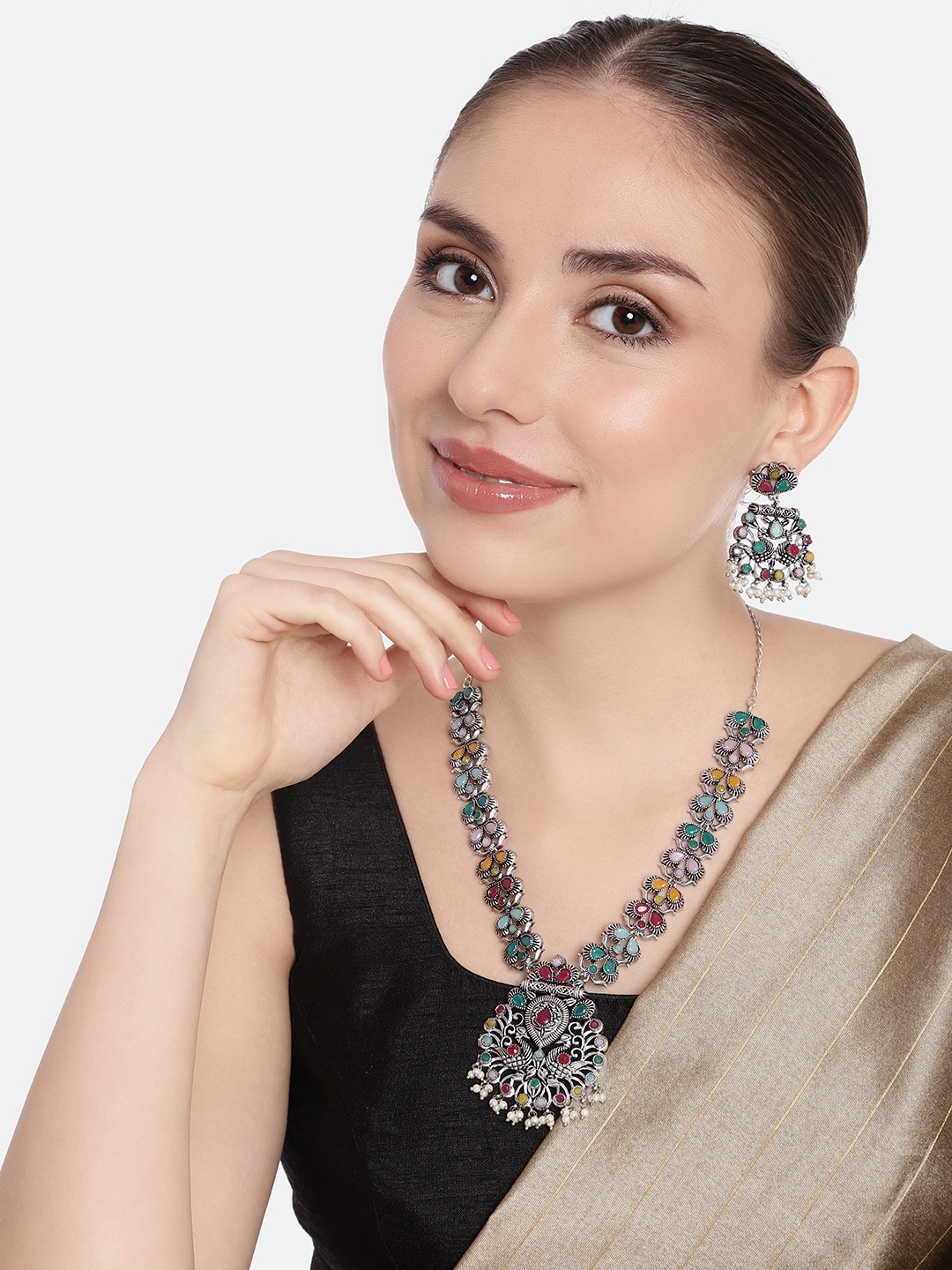 

AITIHYA Silver-Plated Oxidised Artificial Stones & Beads Jewellery Set, Multi