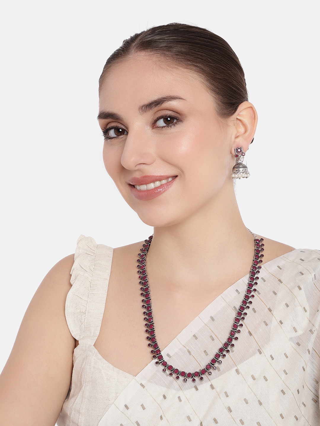 

AITIHYA Oxidised Silver-Plated Stone Studded Necklace & Jhumka Earrings Jewellery Set, Maroon