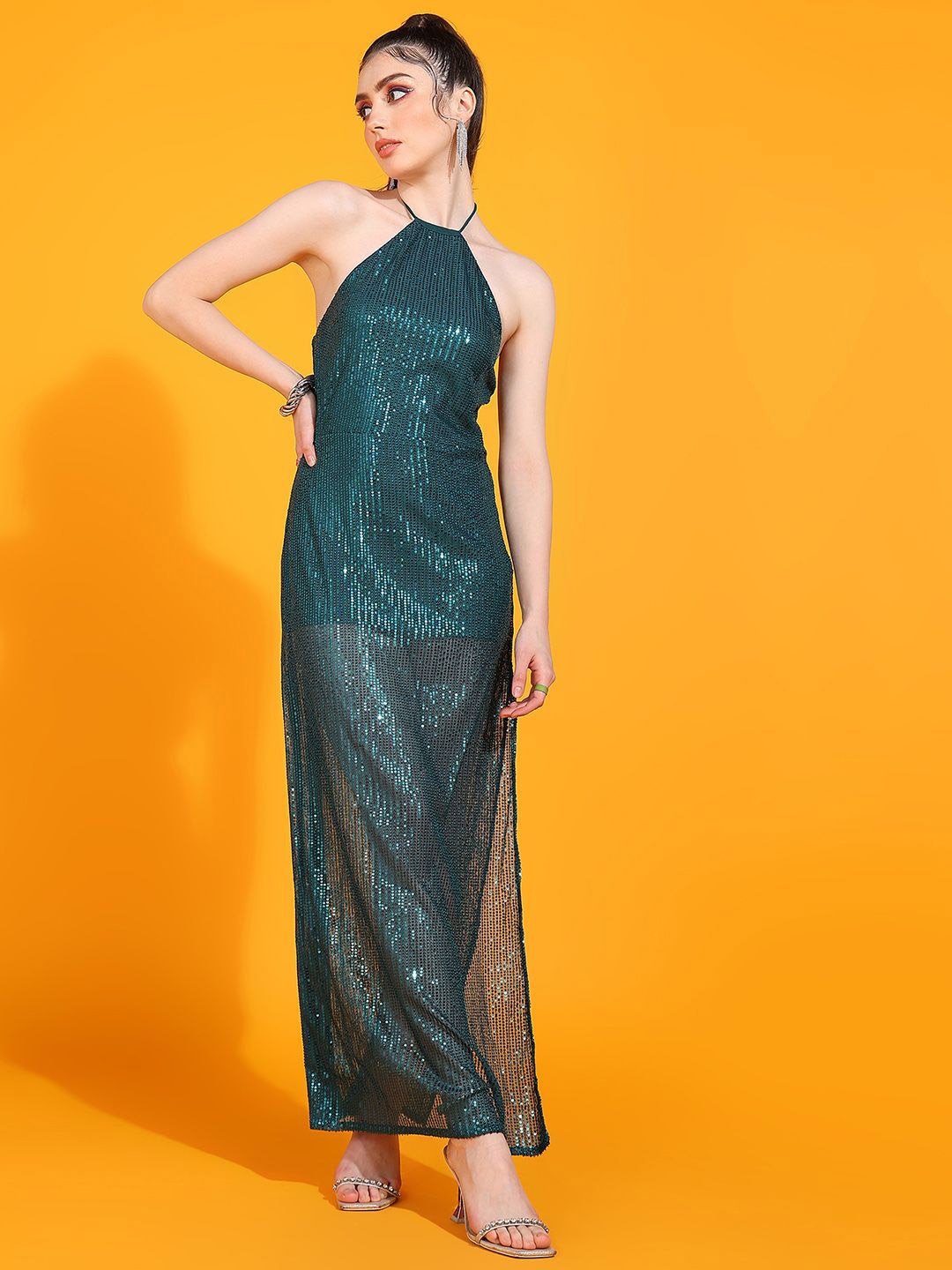 

DODO & MOA Embellished Tie Up Neck Sleeveless Maxi Dress, Green